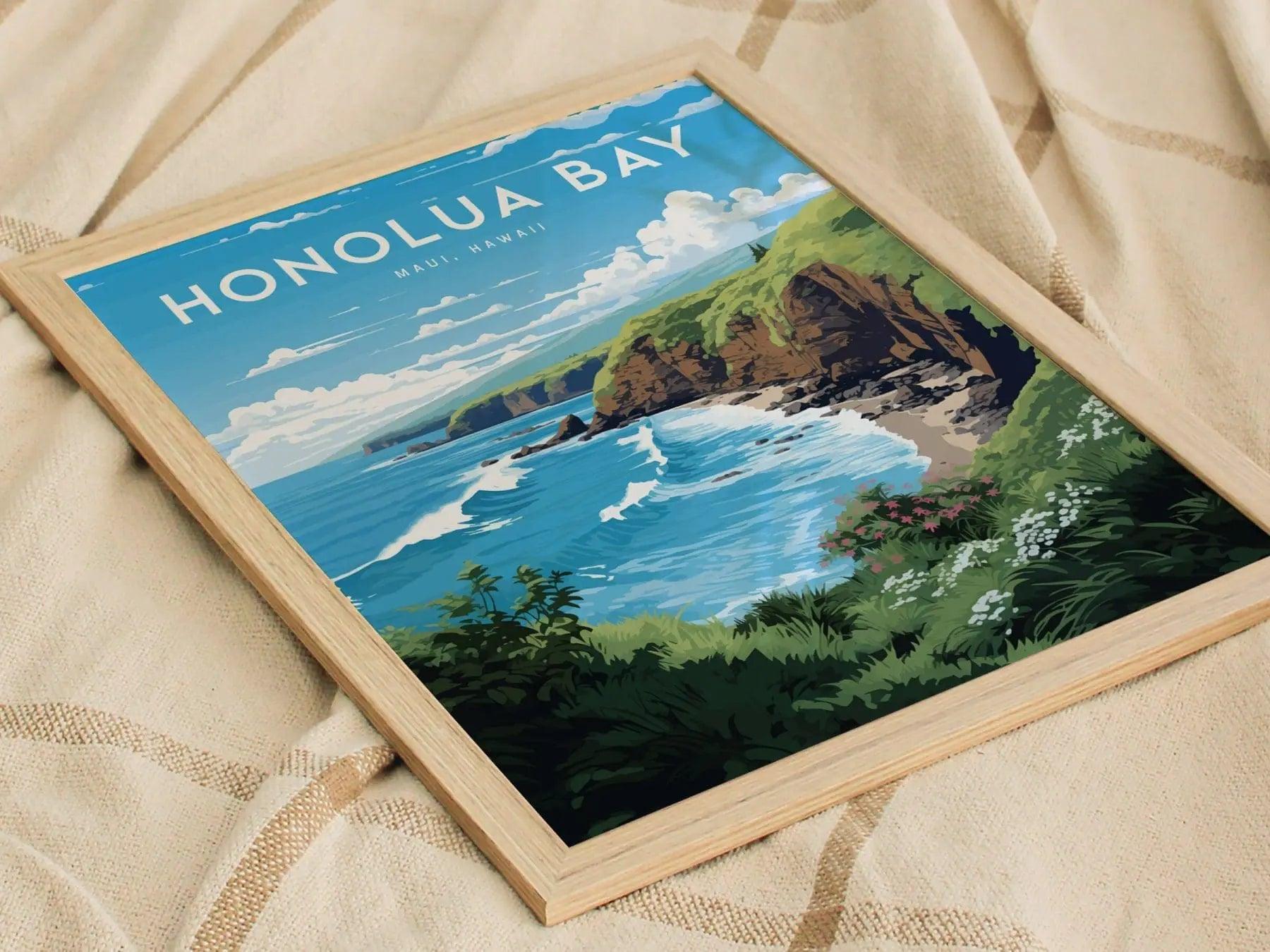 Honolua Bay, West Maui, Hawaii - Lahaina Kapalua Vacation Wall Art Poster Design Travel Island Framed Memorial Print Surfer Surfing Gift Set - Swell Scenes