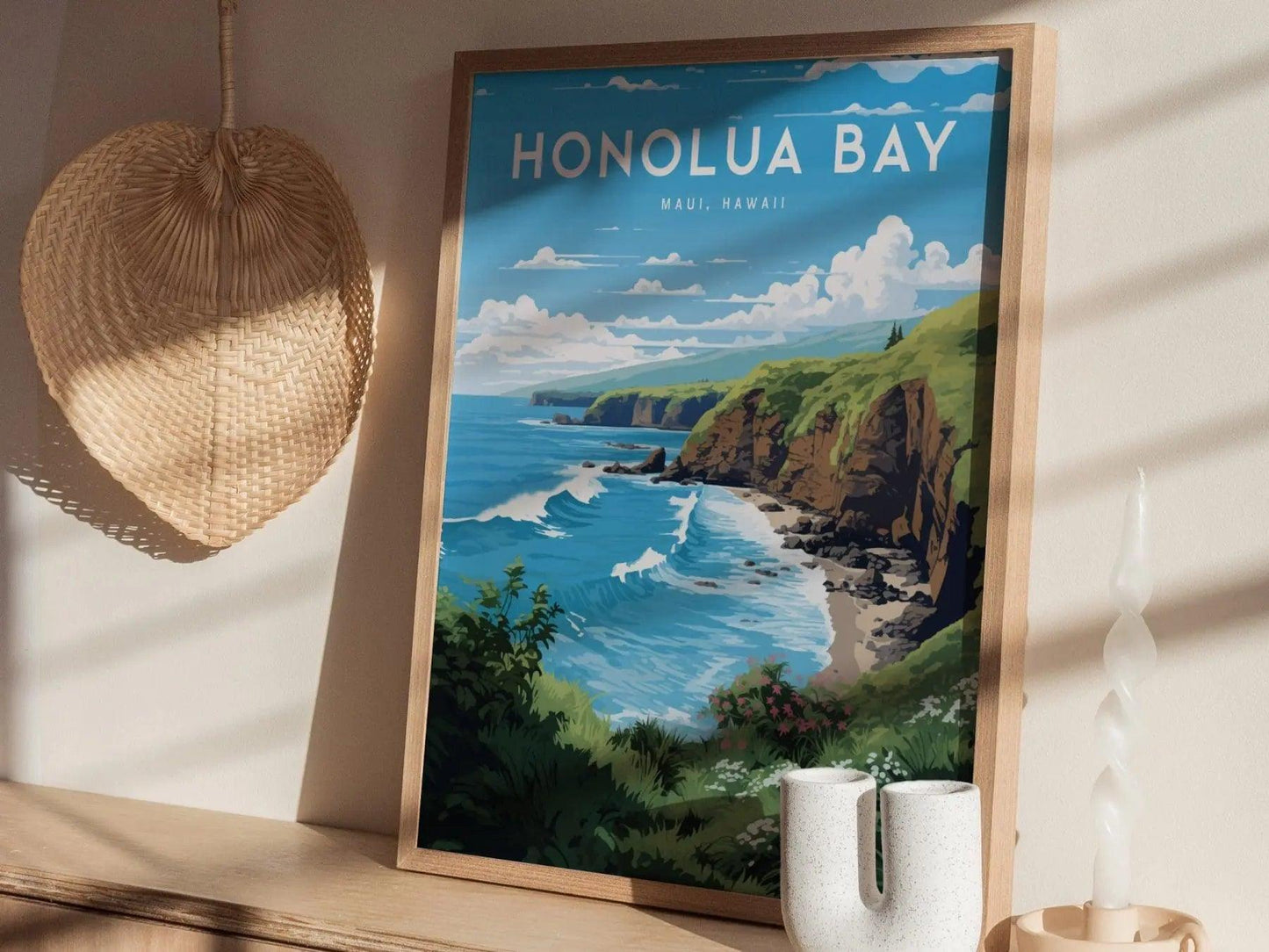 Honolua Bay, West Maui, Hawaii - Lahaina Kapalua Vacation Wall Art Poster Design Travel Island Framed Memorial Print Surfer Surfing Gift Set - Swell Scenes