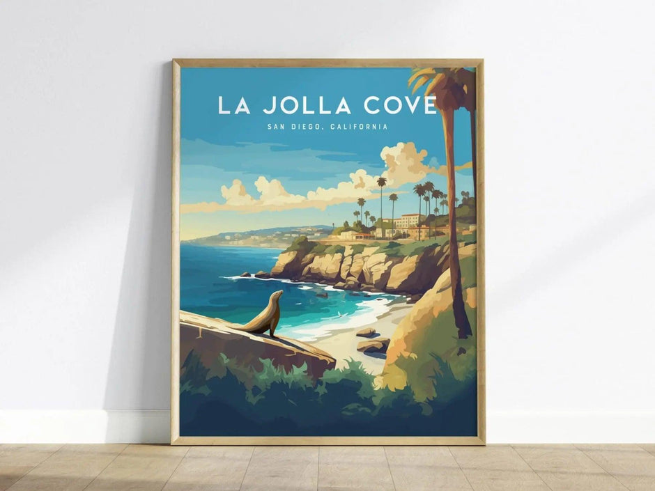 La Jolla Cove San Diego Framed Wall Art | Torrey Pines Shores Poster Design | California Sea Lion Print | Surfer Seals Home Decor Gift Set - Swell Scenes