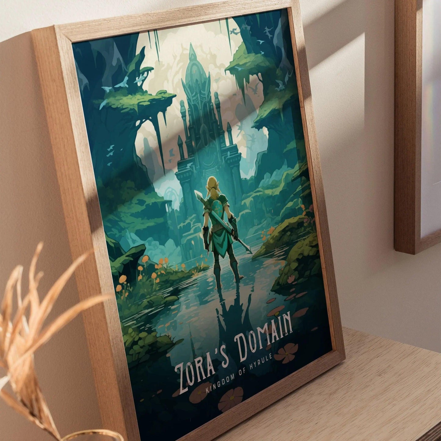 Framed Legend of Zelda wall art print featuring Zora’s Domain landscape