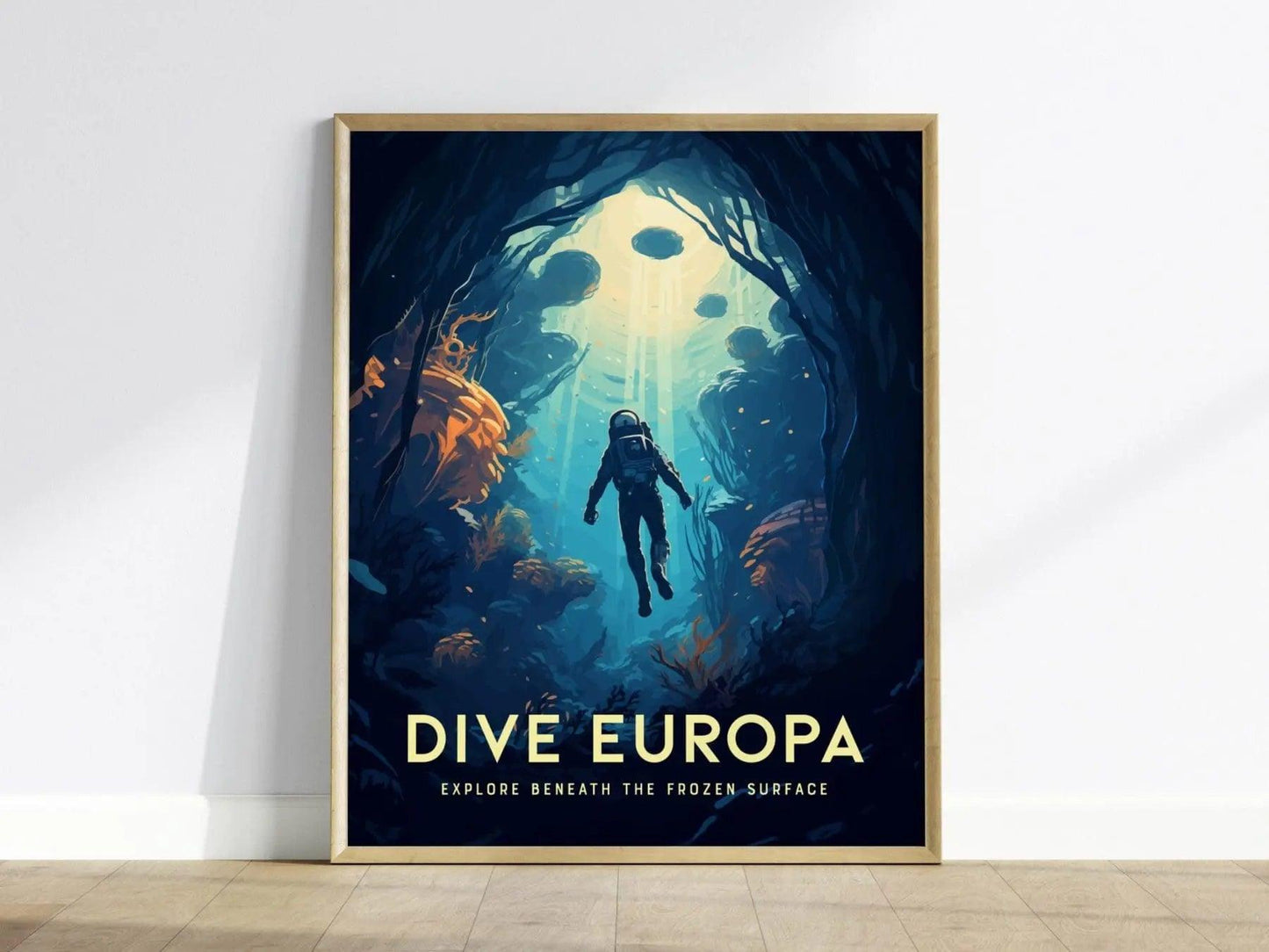Dive Europa Framed Wall Art | Space Exploration Poster Design Jupiter Diving Unframed Print Diver Astronomy Kids Sci-Fi Home Decor Gift Idea - Swell Scenes