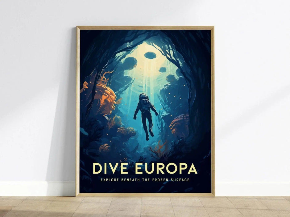 Dive Europa Framed Wall Art | Space Exploration Poster Design Jupiter Diving Unframed Print Diver Astronomy Kids Sci-Fi Home Decor Gift Idea - Swell Scenes