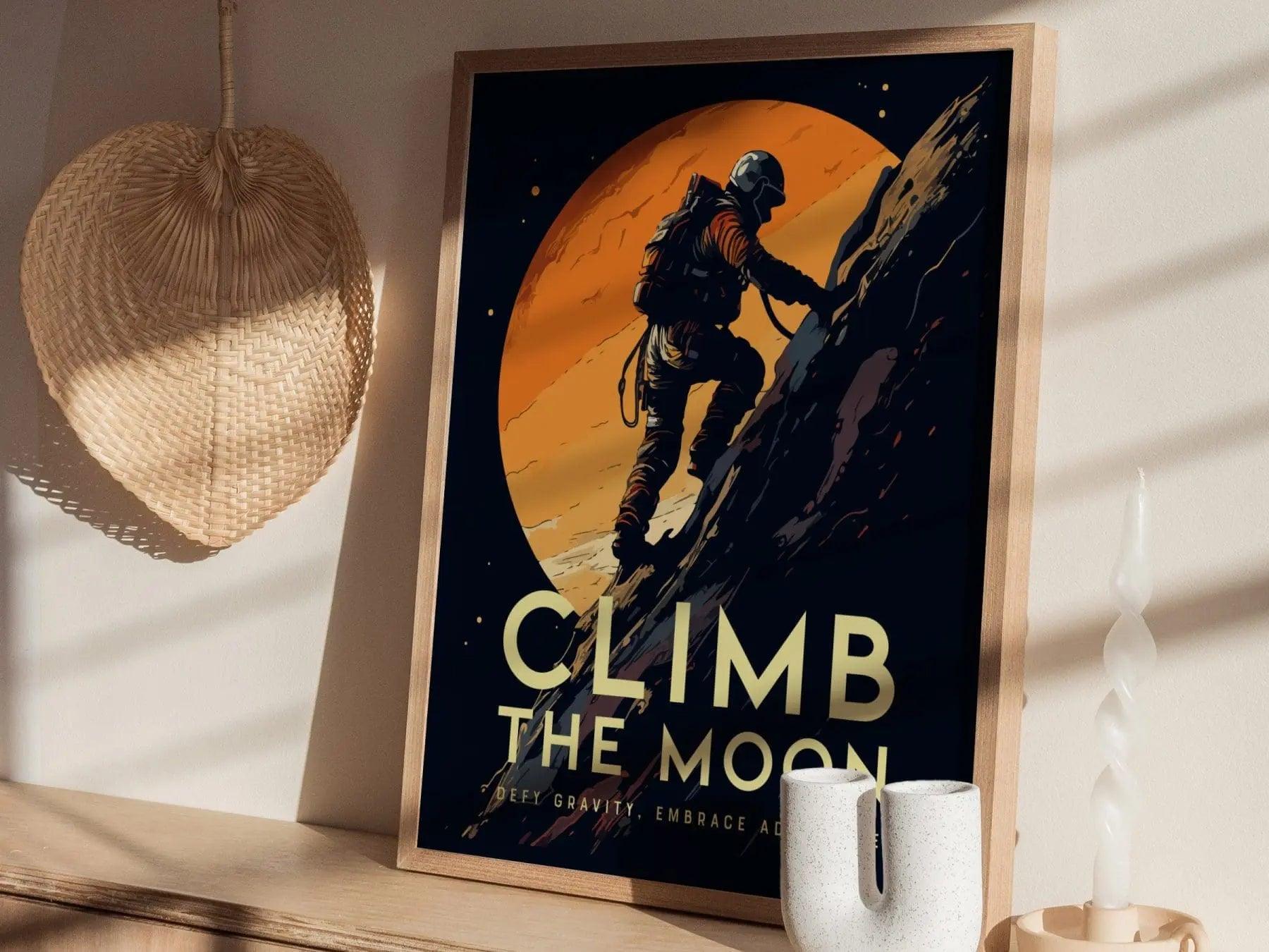Rock Climb Moon Crater Framed Wall Art | Space Adventure Poster Design Climber Unframed Print Climbing Kids Room Sci-Fi Home Decor Gift Idea - Swell Scenes