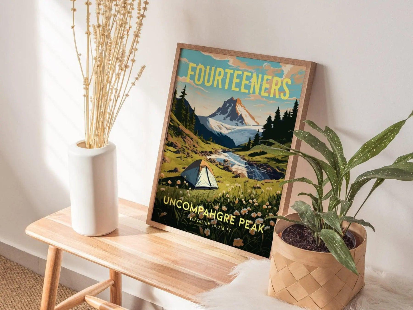 Natural wood framed Uncompahgre Peak poster showing Colorado 14er San Juan Mountains fourteener summit