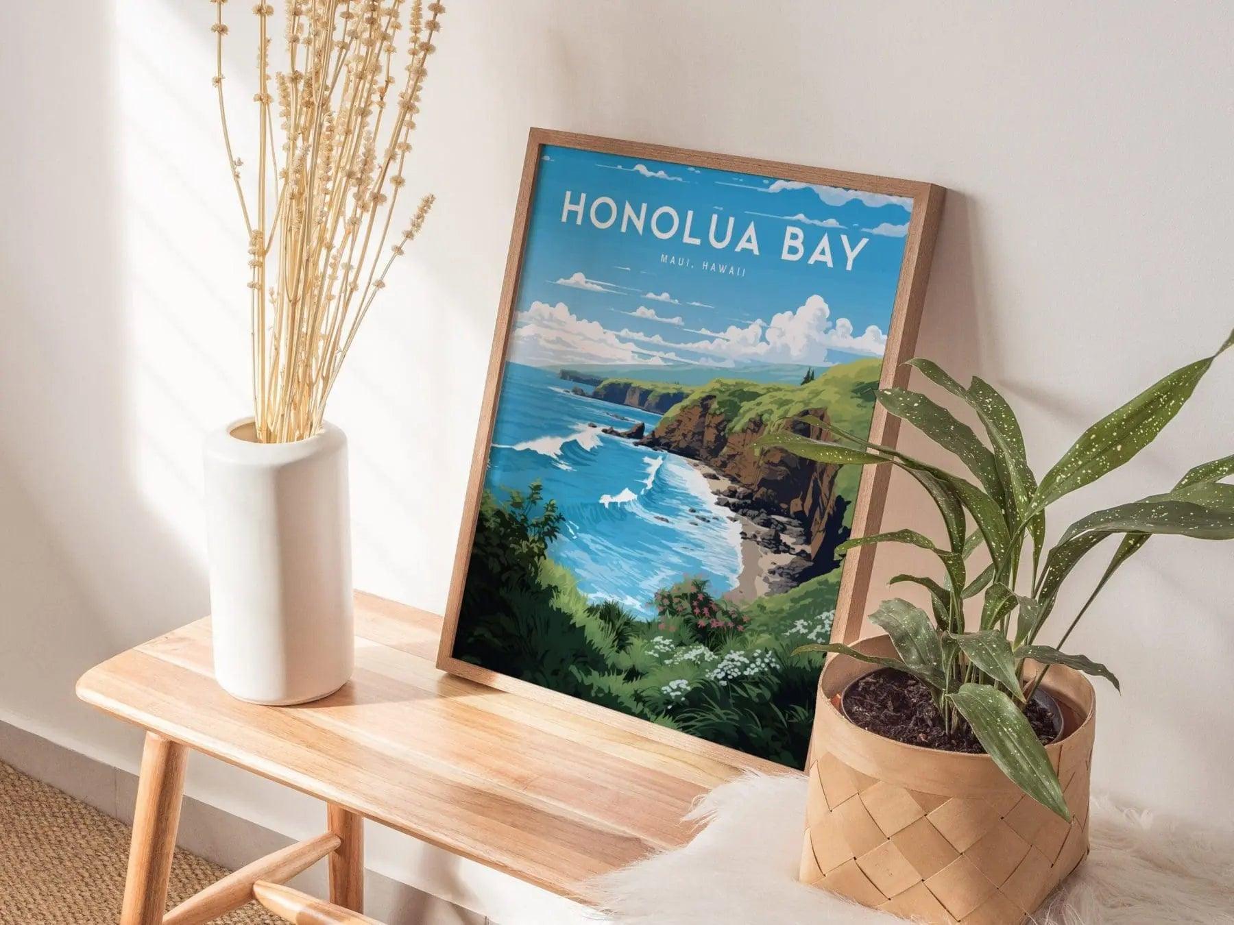 Honolua Bay, West Maui, Hawaii - Lahaina Kapalua Vacation Wall Art Poster Design Travel Island Framed Memorial Print Surfer Surfing Gift Set - Swell Scenes