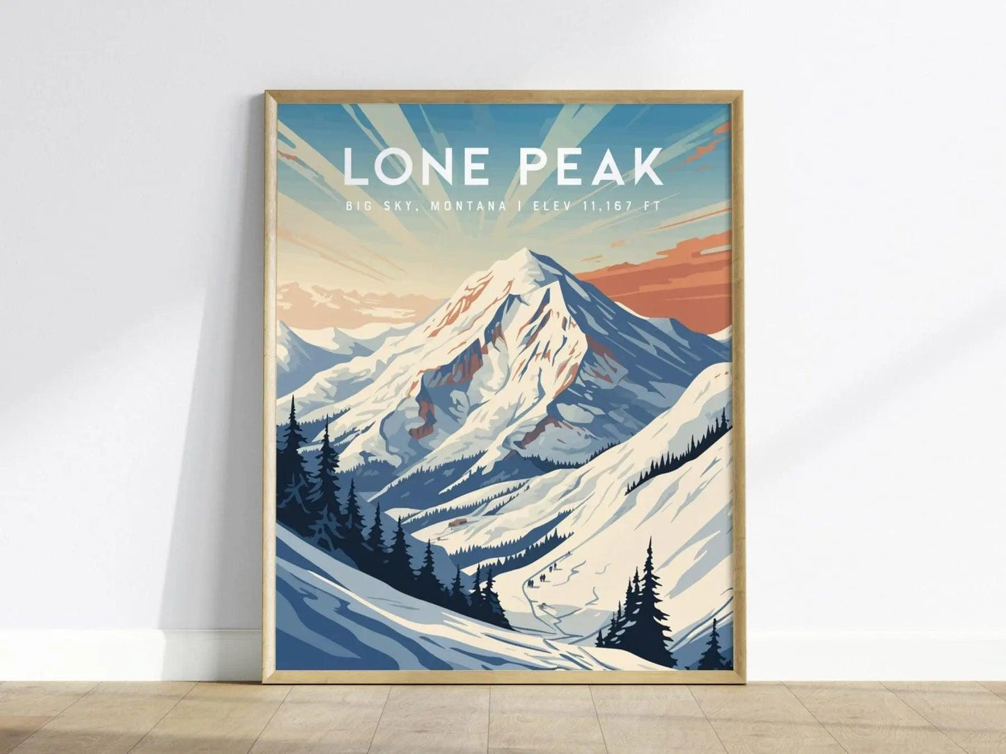 Lone Peak, Big Sky, Montana Framed Wall Art | Mountain Ski Resort Skiing Snowboard Poster Design Print Travel Artwork Summit Gift Decor - Swell Scenes