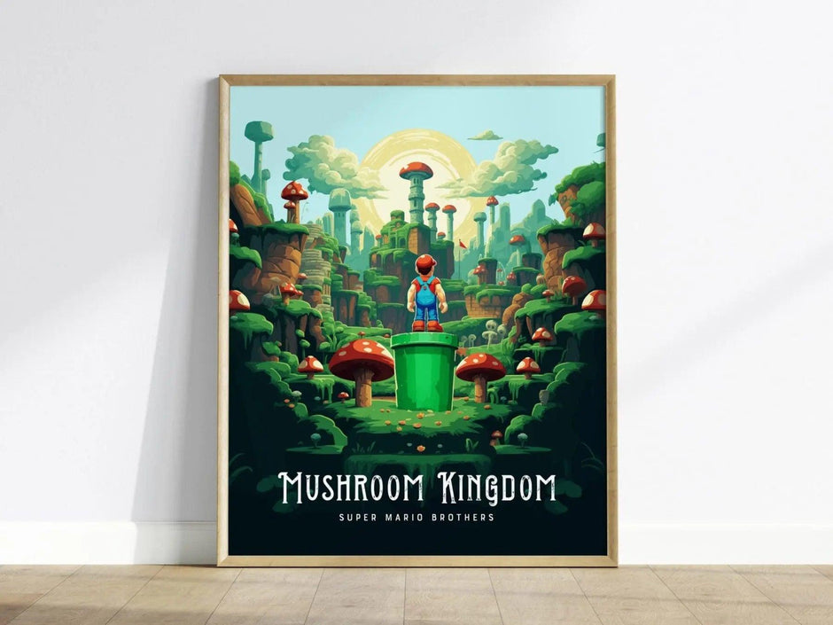 Mario Brothers Movie Mushroom Kingdom Framed Wall Art | Toad Woods Poster Design | Super Bros Print | Gamer Fantasy Home Decor Collection - Swell Scenes
