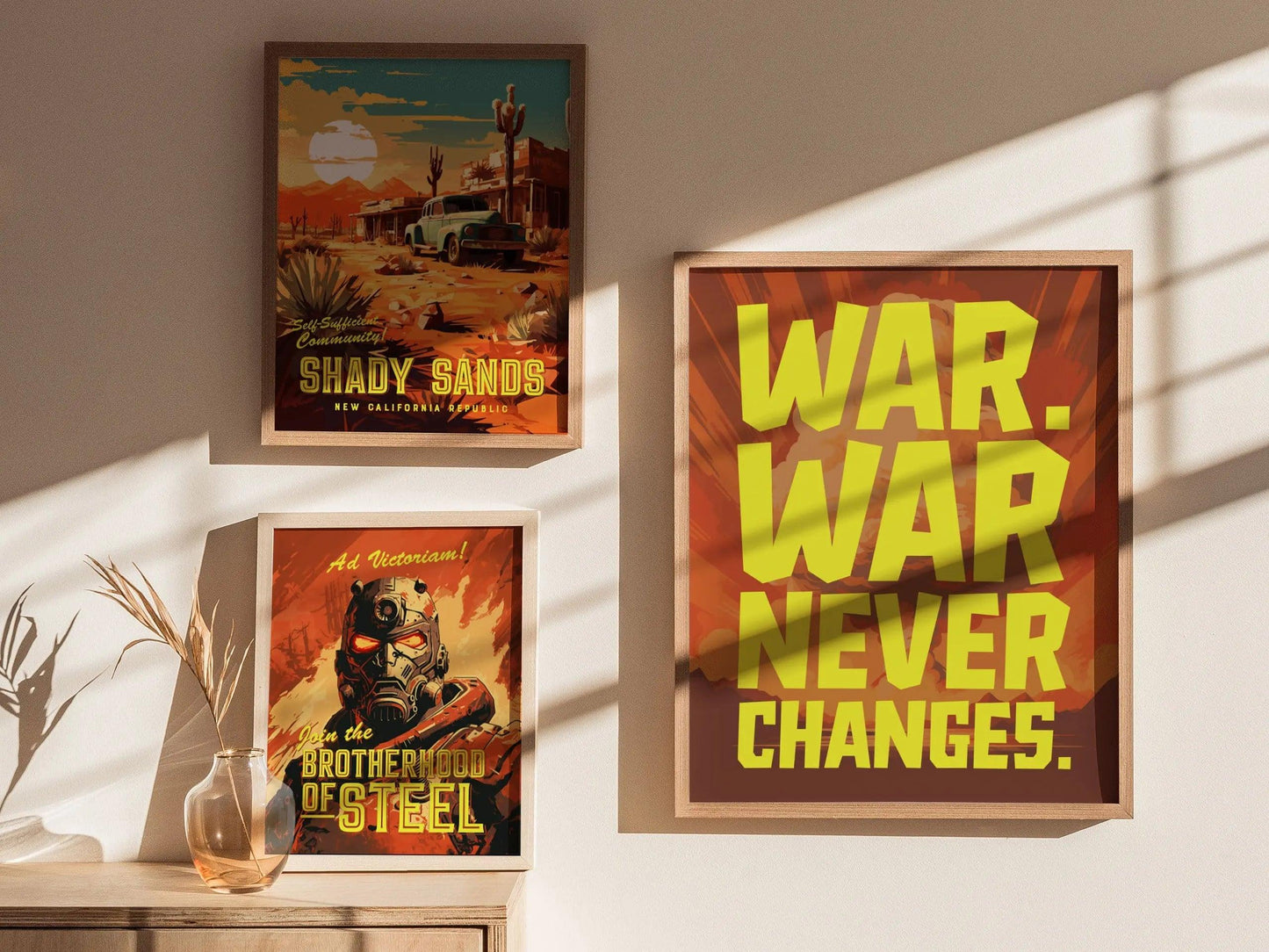 War Never Changes Fallout wall art displayed in gamer room with wasteland quote and post-apocalyptic RPG decor