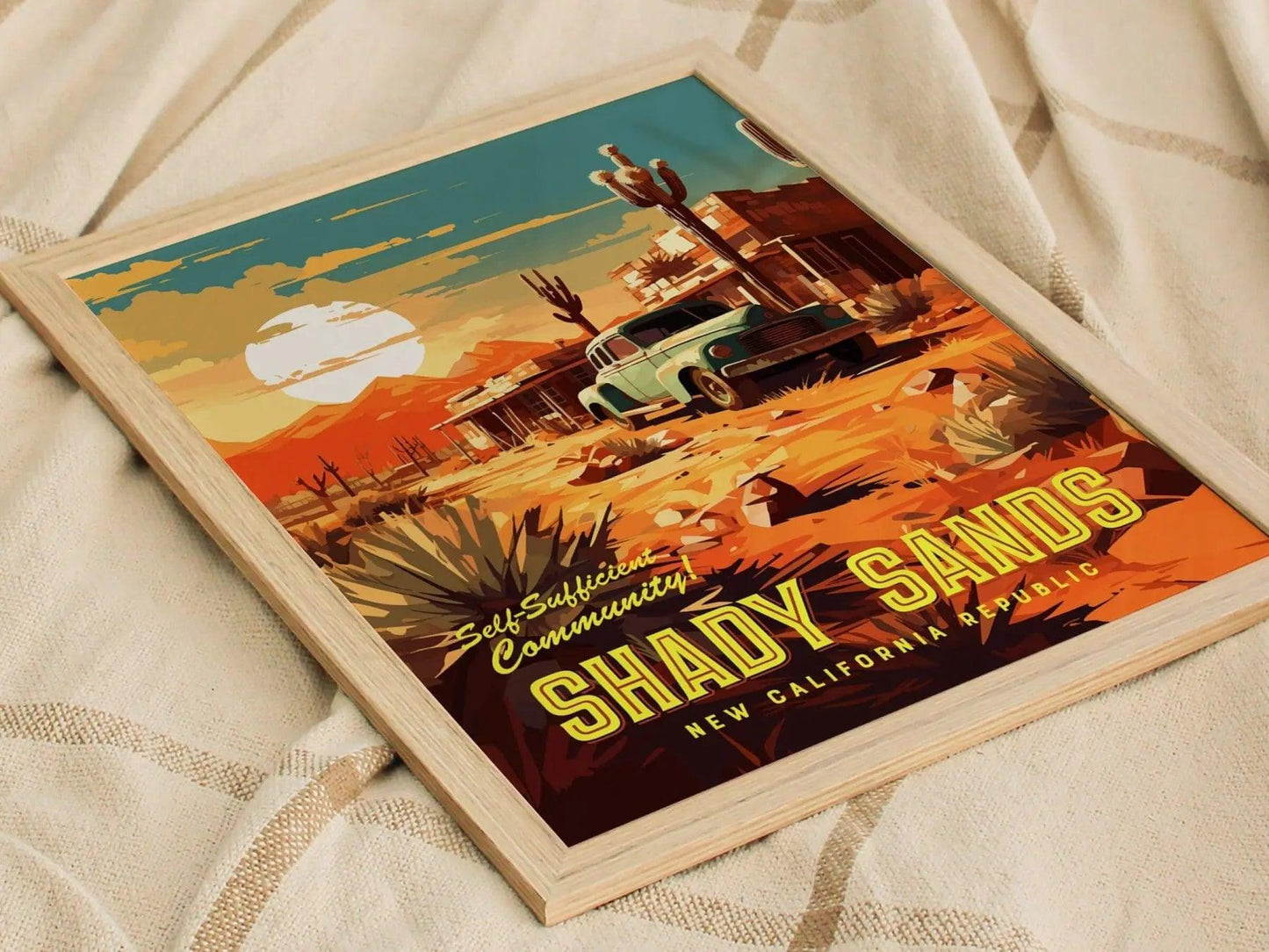 Fallout Game Shady Sands Framed Wall Art | Apocalyptic Gamer Fan Poster Design Nuclear Prepper Series Print Gift Set RPG Dystopia Room Decor - Swell Scenes