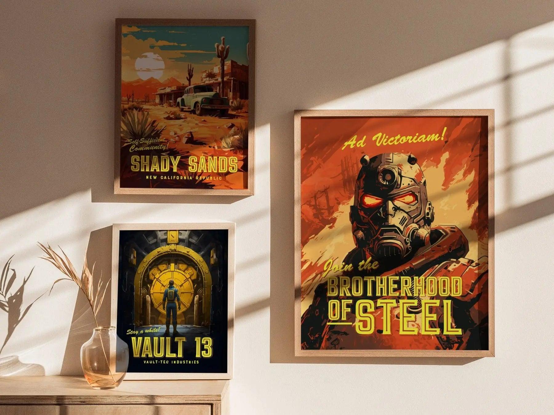 Fallout Game Brotherhood Of Steel Framed Wall Art | Apocalyptic Gamer Fan Poster Design Nuclear Prepper Series Print Gift Set RPG Home Decor - Swell Scenes