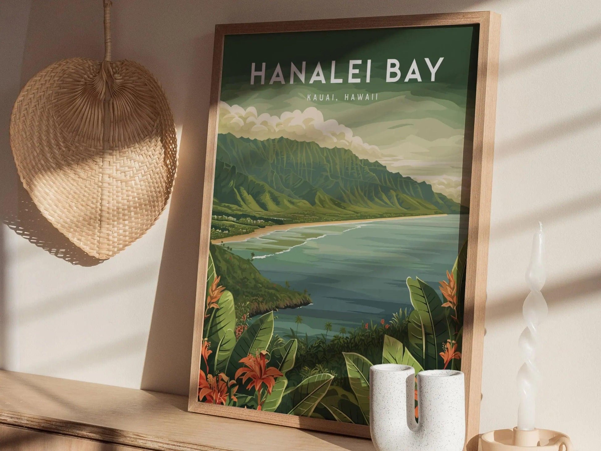 Hanalei Bay, Kauai, Hawaii - Princeville North Shore Framed Wall Art Poster Design Travel Artwork Hawaiian Island Beach Surf Gift Home Decor - Swell Scenes