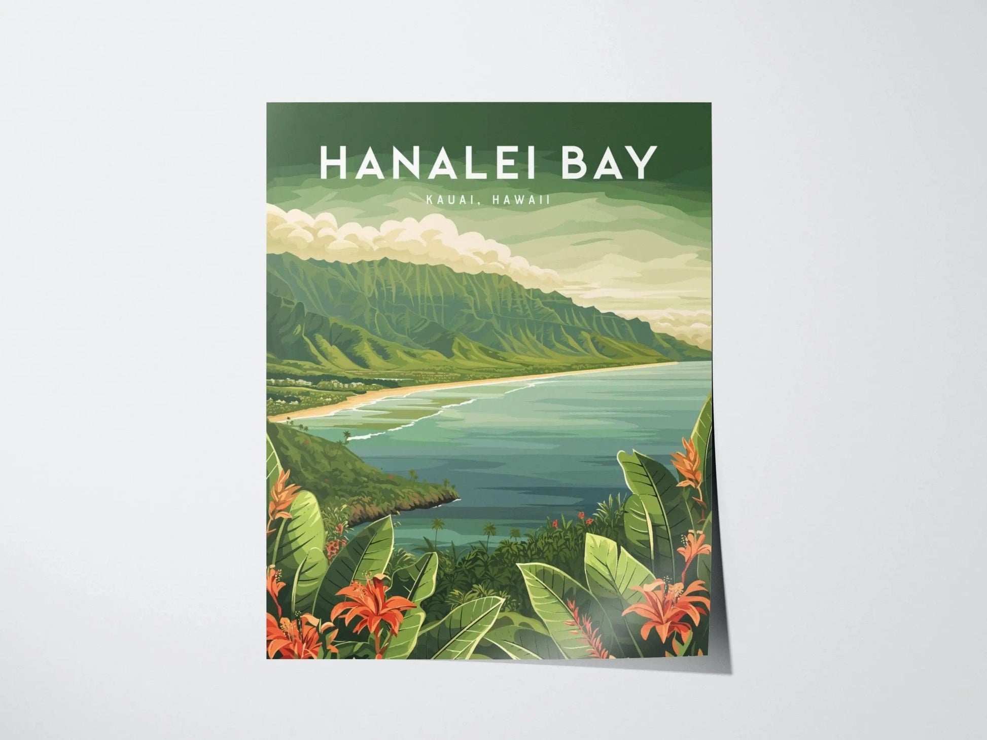 Hanalei Bay, Kauai, Hawaii - Princeville North Shore Framed Wall Art Poster Design Travel Artwork Hawaiian Island Beach Surf Gift Home Decor - Swell Scenes