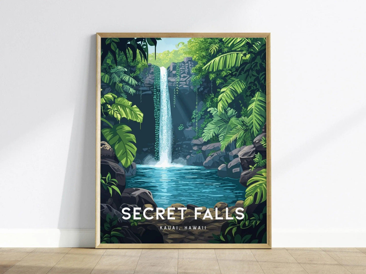 Secret Falls, Kauai, Hawaii | Uluwehi Waterfall | Island Framed Wall Art Poster Kayak Travel Artwork Hawaiian Lush Tropical Gift Hike Decor - Swell Scenes