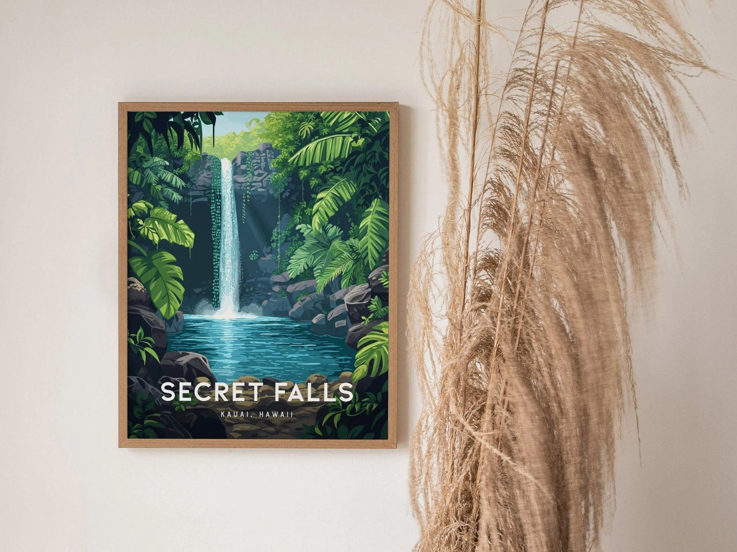 Secret Falls, Kauai, Hawaii | Uluwehi Waterfall | Island Framed Wall Art Poster Kayak Travel Artwork Hawaiian Lush Tropical Gift Hike Decor - Swell Scenes