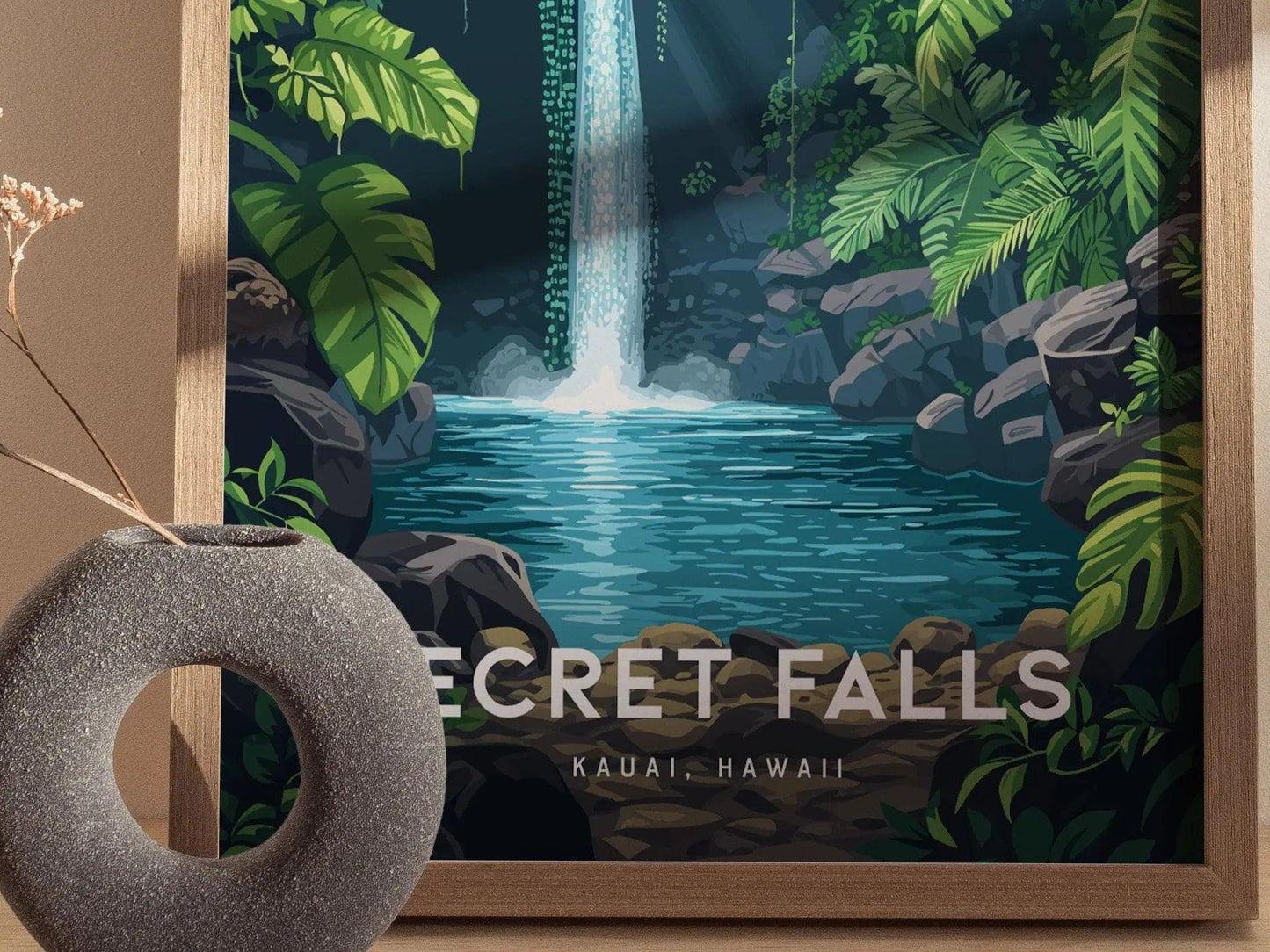 Secret Falls, Kauai, Hawaii | Uluwehi Waterfall | Island Framed Wall Art Poster Kayak Travel Artwork Hawaiian Lush Tropical Gift Hike Decor - Swell Scenes