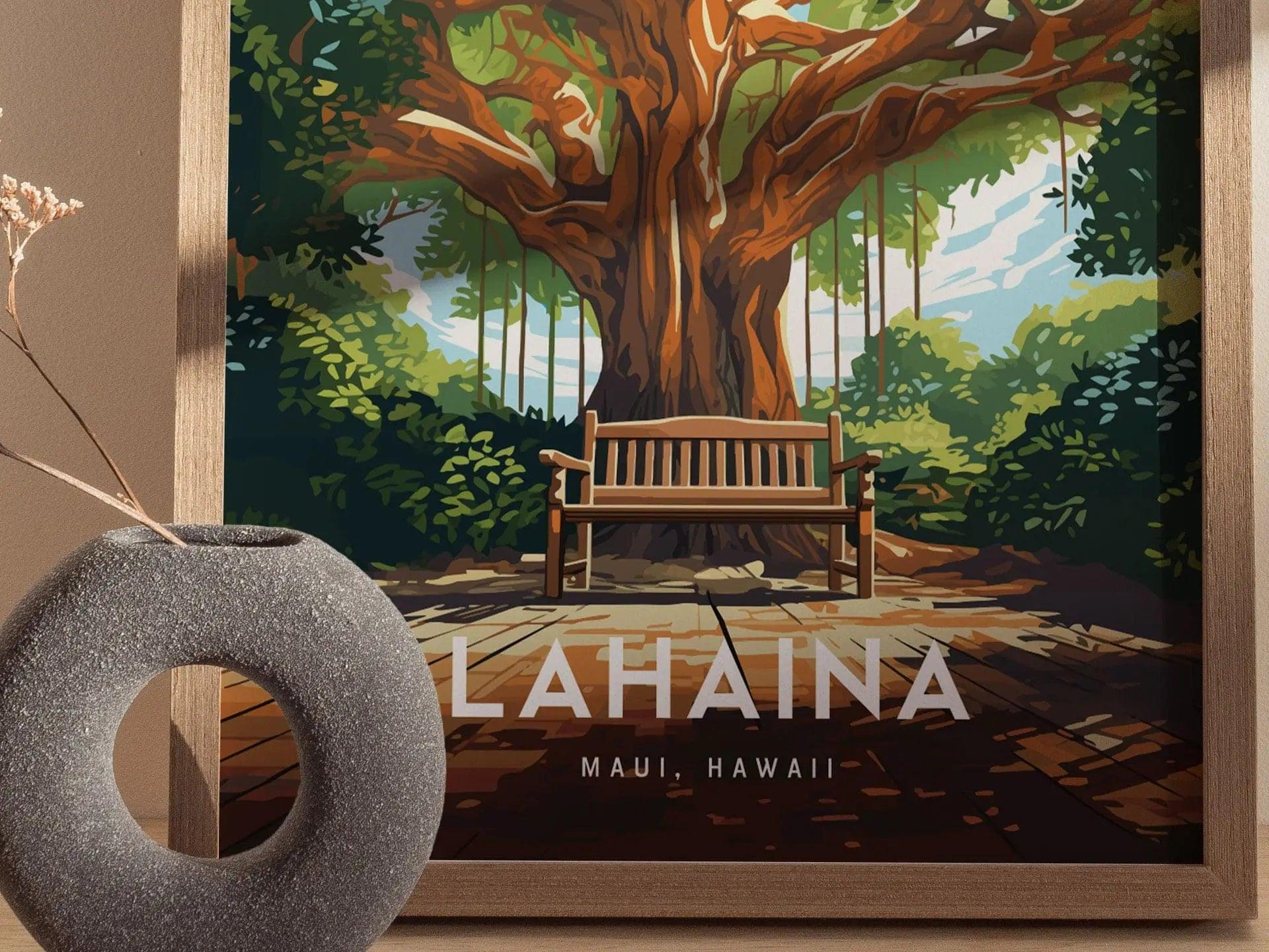Lahaina, Maui, Hawaii - Historic Front Street Banyan Tree Framed Wall Art Poster Design Travel Artwork Island Hawaiian Memorial Gift Decor - Swell Scenes