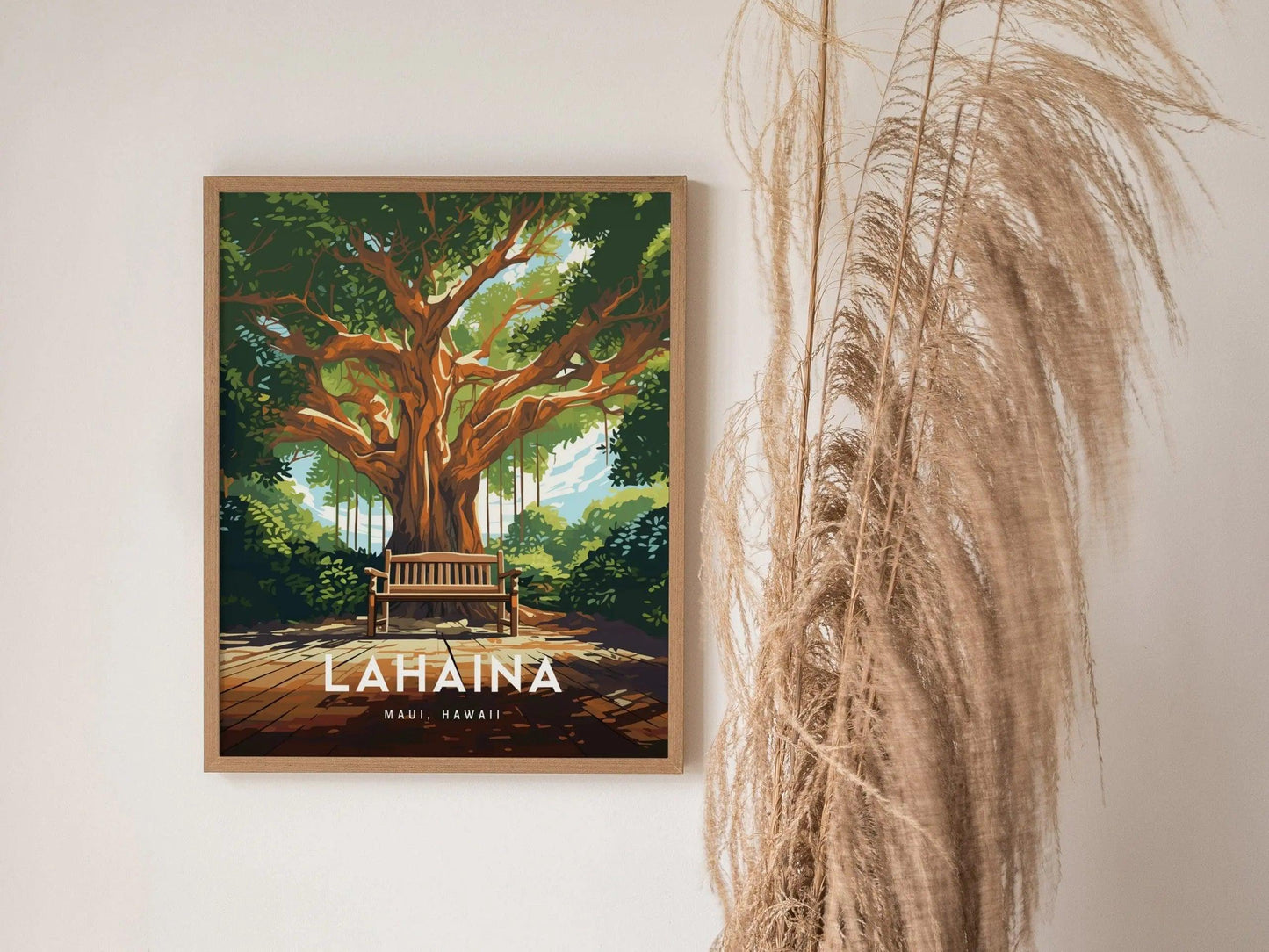 Lahaina, Maui, Hawaii - Historic Front Street Banyan Tree Framed Wall Art Poster Design Travel Artwork Island Hawaiian Memorial Gift Decor - Swell Scenes