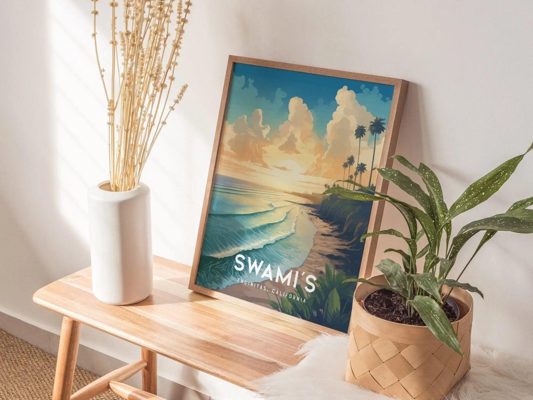 Swami's Encinitas poster in wood frame featuring legendary surf break sunset scene with glassy wave conditions