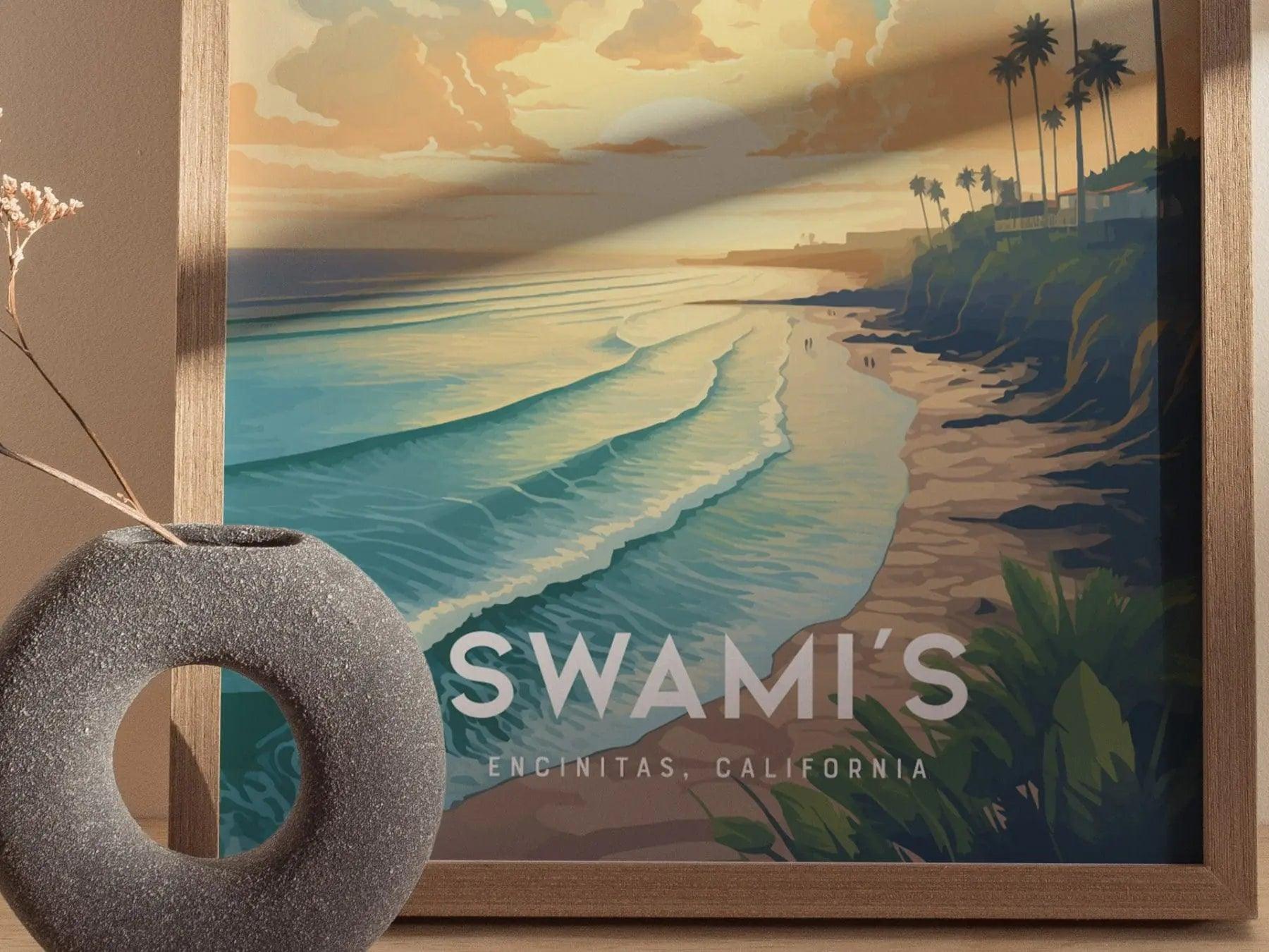 Swami's Encinitas surf spot poster featuring golden sunset over California beach with glassy waves and coastal cliffs
