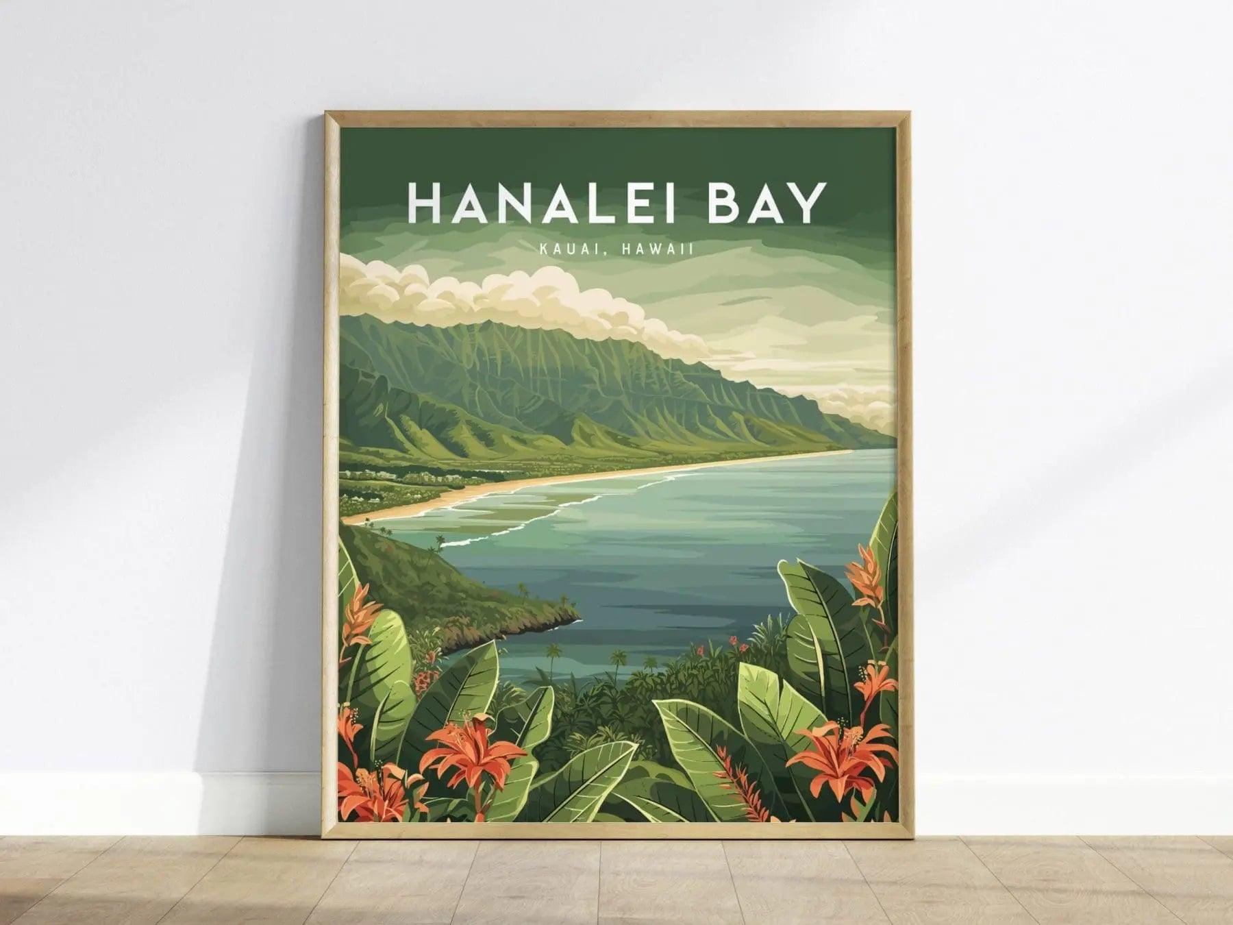 Hanalei Bay, Kauai, Hawaii - Princeville North Shore Framed Wall Art Poster Design Travel Artwork Hawaiian Island Beach Surf Gift Home Decor - Swell Scenes