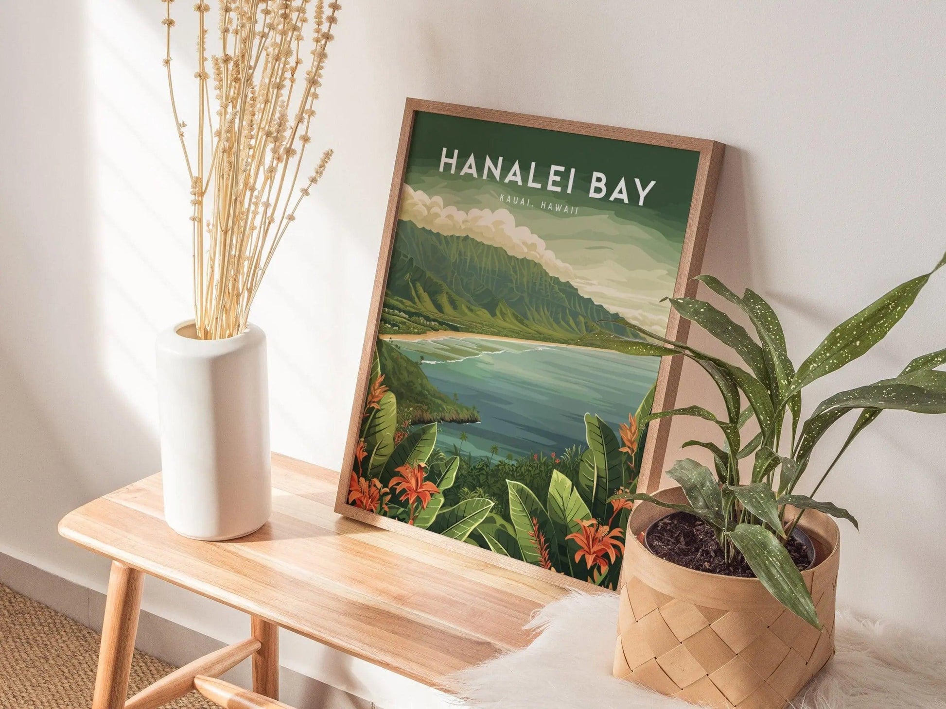 Hanalei Bay, Kauai, Hawaii - Princeville North Shore Framed Wall Art Poster Design Travel Artwork Hawaiian Island Beach Surf Gift Home Decor - Swell Scenes
