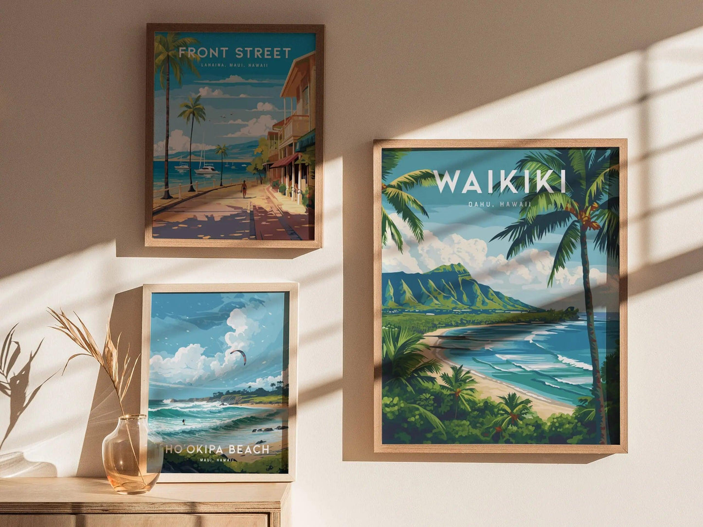 Waikiki timeless paradise art displayed in home with Diamond Head Oahu beach and old Hawaii tropical landscape poster