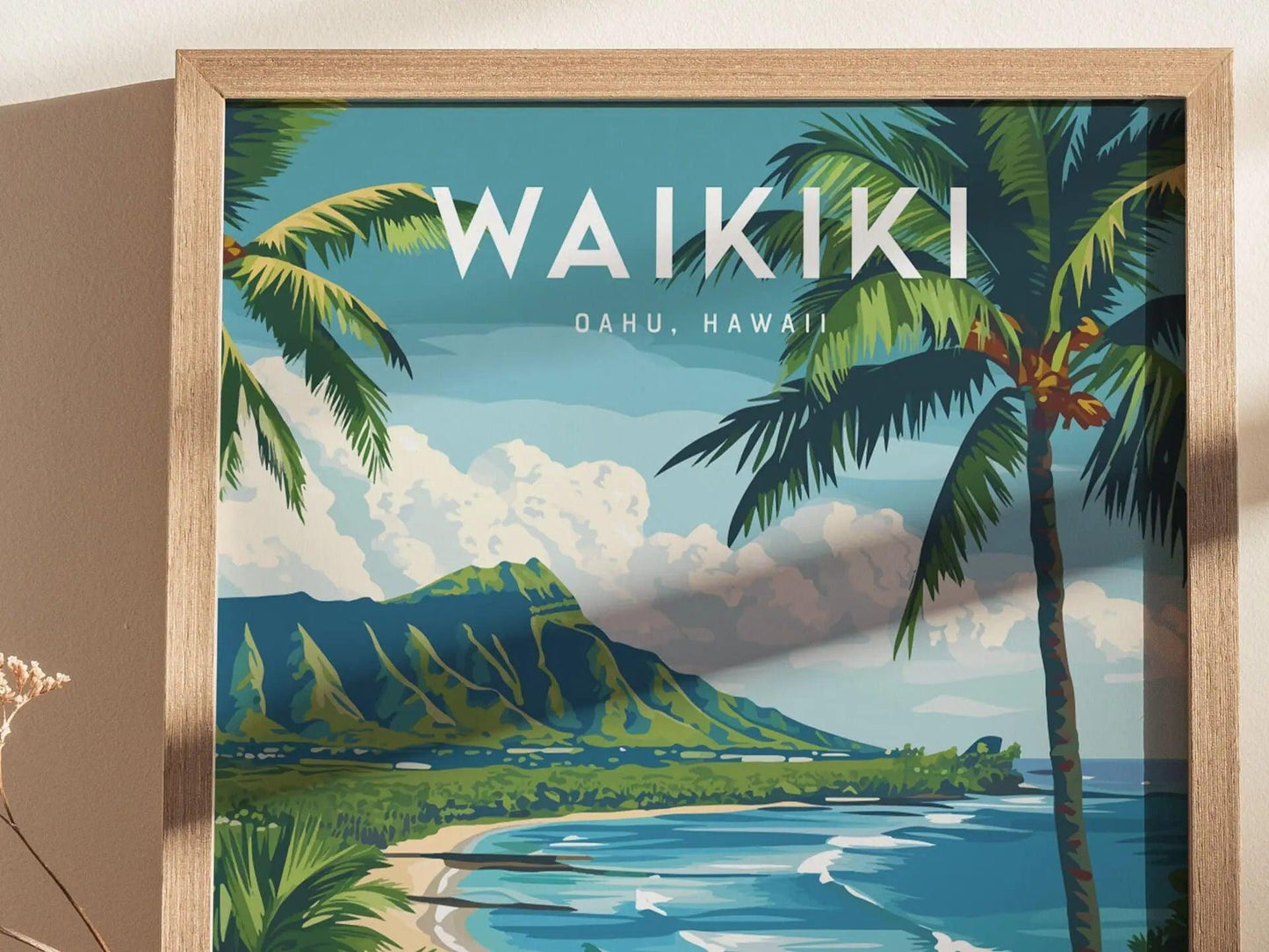 Natural wood framed Waikiki print showing old Hawaii beach paradise with Diamond Head and lush tropical foliage detail