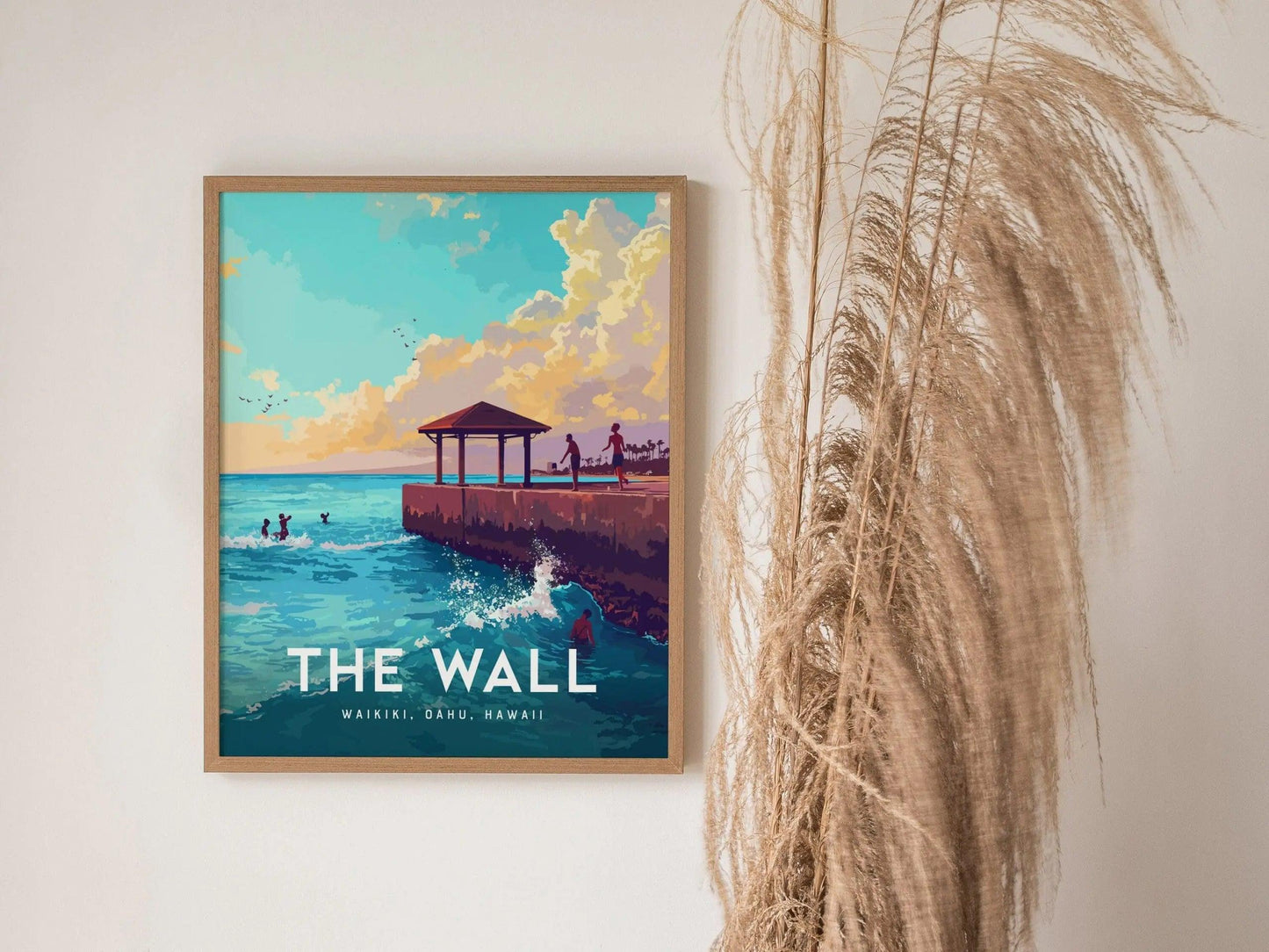 The Wall, Oahu, Hawaii, Framed Art | Waikiki Beach Framed Poster Design Travel Ocean Landmark Tropical Hawaiian Rental Home Decor Print Gift - Swell Scenes