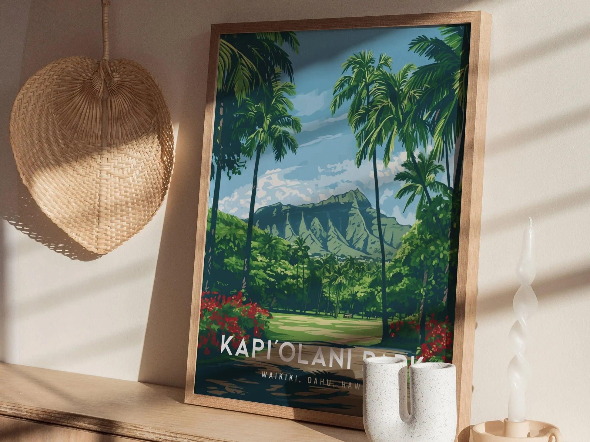 Kapiolani Park, Waikiki, Hawaii, Framed Art | Oahu Island Poster Design Travel Ocean Landmark Tropical Hawaiian Rental Home Decor Print Gift - Swell Scenes