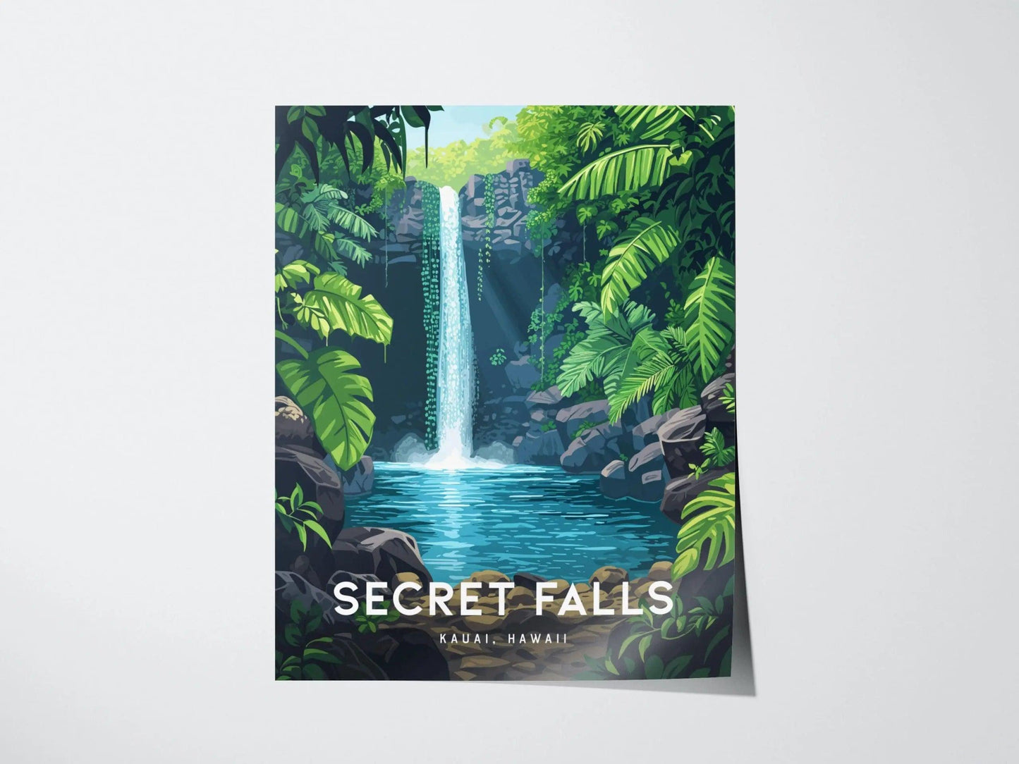 Secret Falls, Kauai, Hawaii | Uluwehi Waterfall | Island Framed Wall Art Poster Kayak Travel Artwork Hawaiian Lush Tropical Gift Hike Decor - Swell Scenes