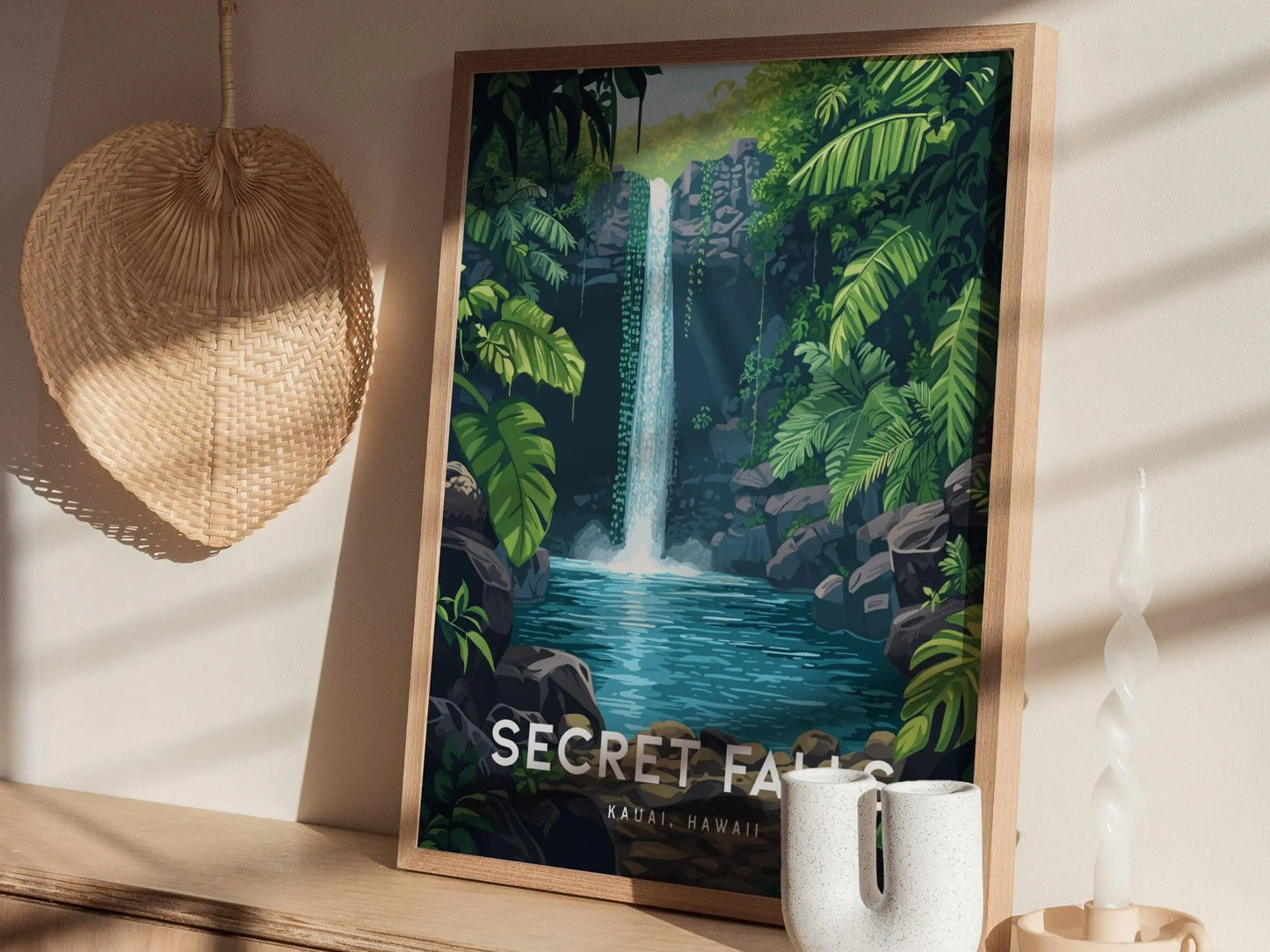 Secret Falls, Kauai, Hawaii | Uluwehi Waterfall | Island Framed Wall Art Poster Kayak Travel Artwork Hawaiian Lush Tropical Gift Hike Decor - Swell Scenes