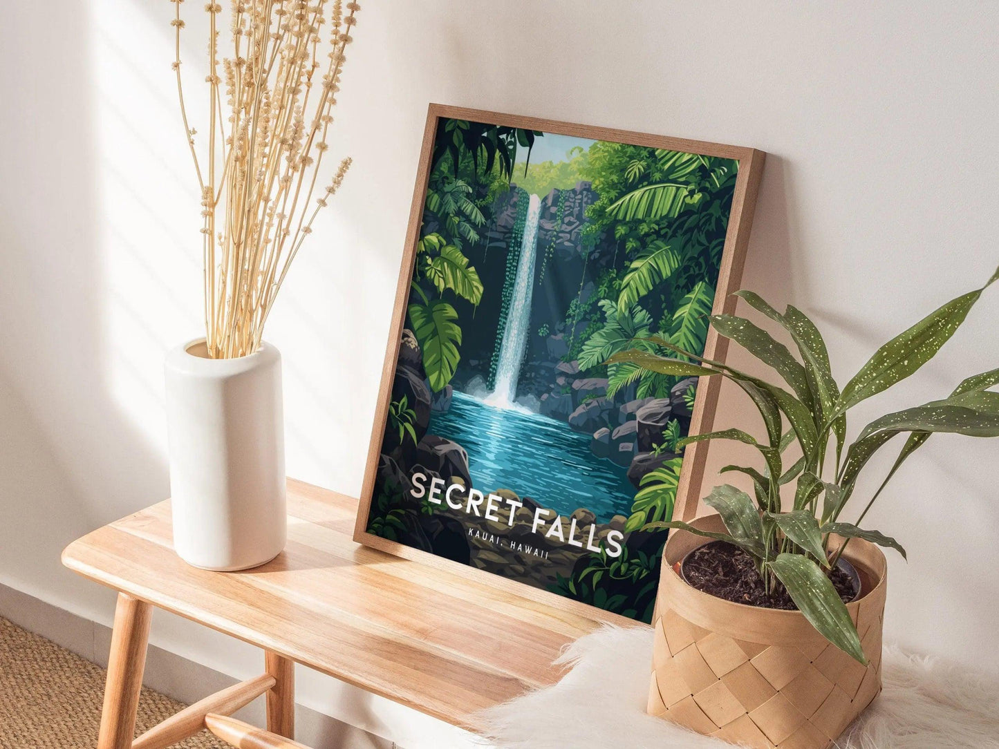 Secret Falls, Kauai, Hawaii | Uluwehi Waterfall | Island Framed Wall Art Poster Kayak Travel Artwork Hawaiian Lush Tropical Gift Hike Decor - Swell Scenes