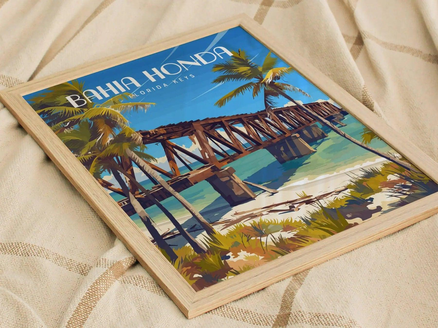 Bahia Honda Key State Park, Florida Keys Framed Wall Art - Bridge Beach Vacation Poster Design Travel Island Print Collection Home Decor Set - Swell Scenes