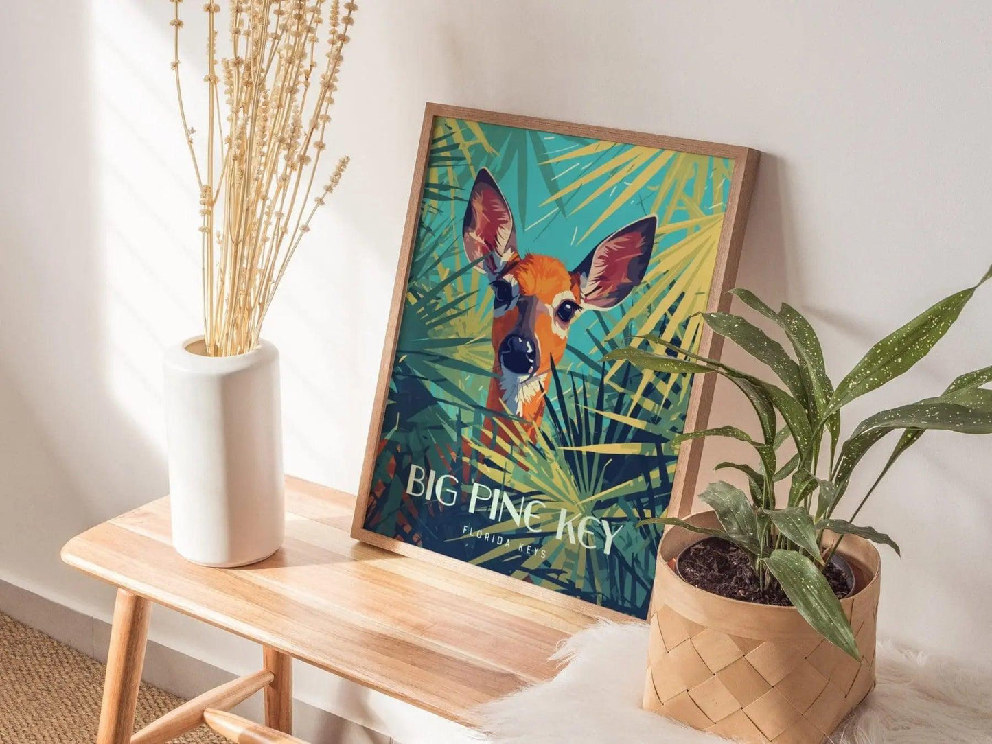 Big Pine Key, Florida Keys Framed Wall Art - Deer Palmettos Vacation Poster Design Travel Island Print Collection Home Beach Cottage Decor - Swell Scenes