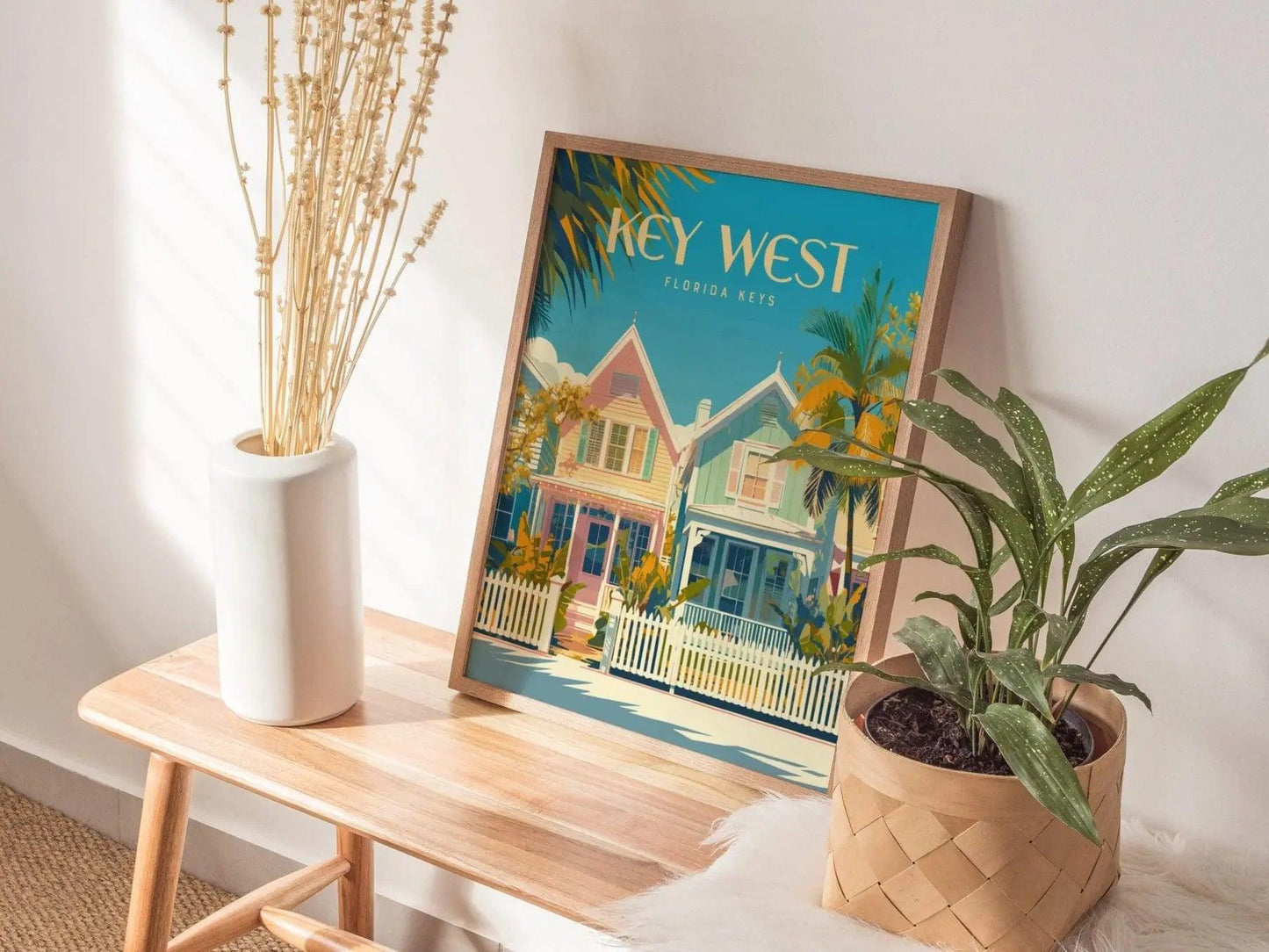 Key West, Florida Keys Framed Wall Art - Pastel Beach Cottages Vacation Rental Poster Design Travel Print Home Cottage Decor Collection Set - Swell Scenes