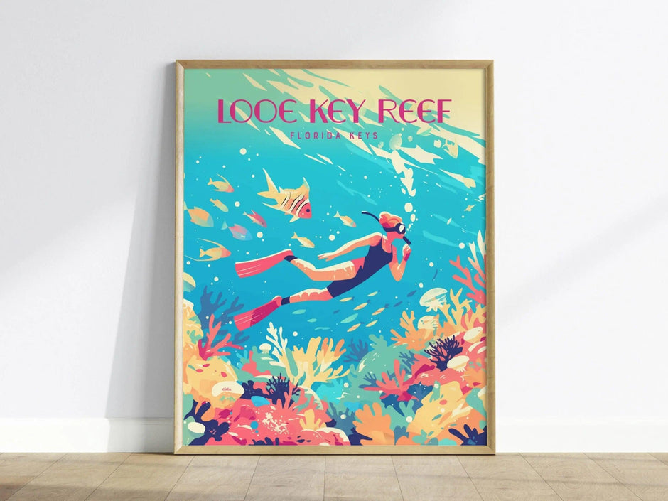 Looe Key Coral Reef, Florida Keys Framed Wall Art - Snorkel Dive Diving Island Vacation Poster Design Travel Print Home Beach Cottage Decor - Swell Scenes