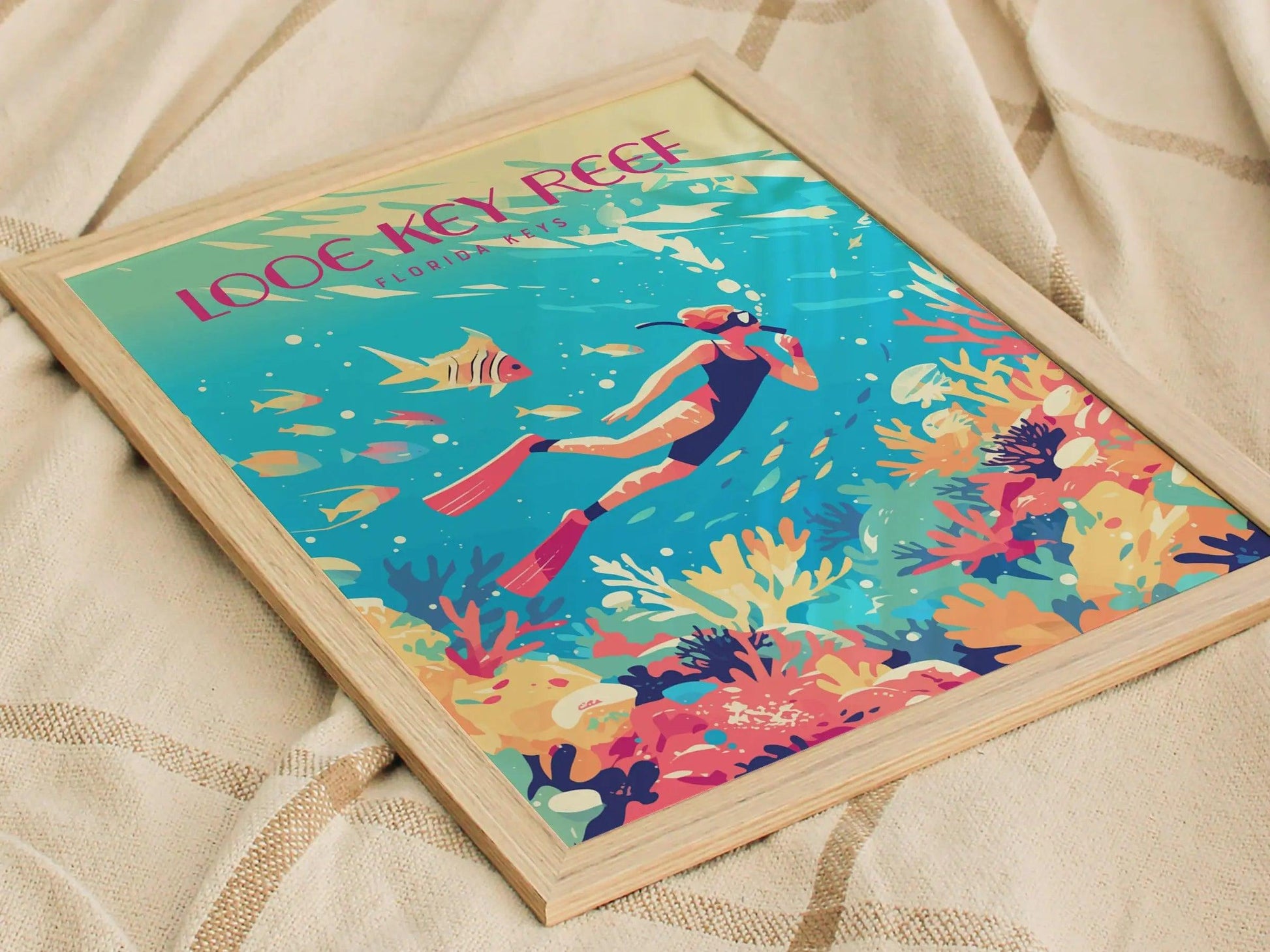 Looe Key Coral Reef, Florida Keys Framed Wall Art - Snorkel Dive Diving Island Vacation Poster Design Travel Print Home Beach Cottage Decor - Swell Scenes