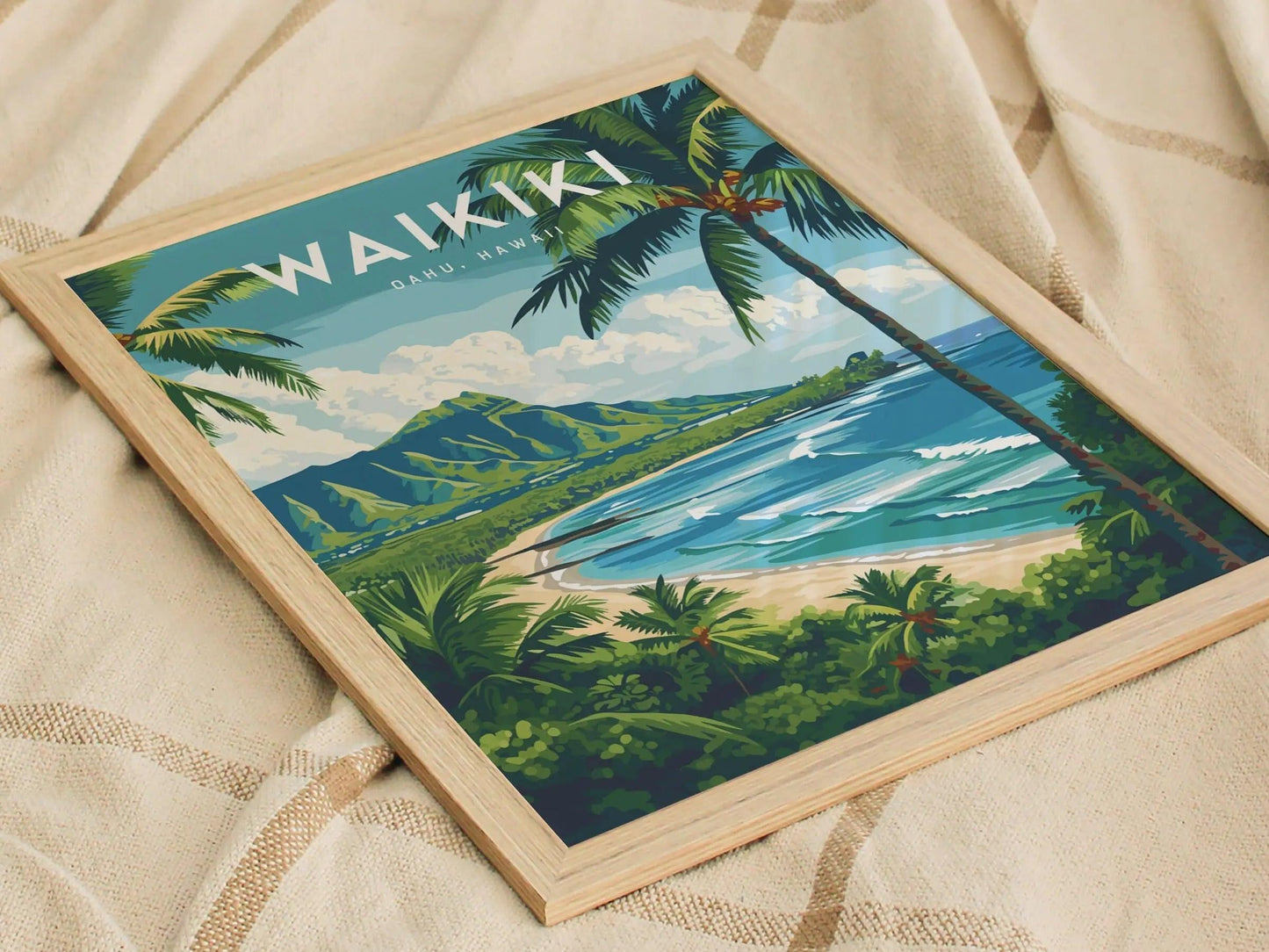 Framed artwork of Waikiki with palm trees and ocean view on a textured surface