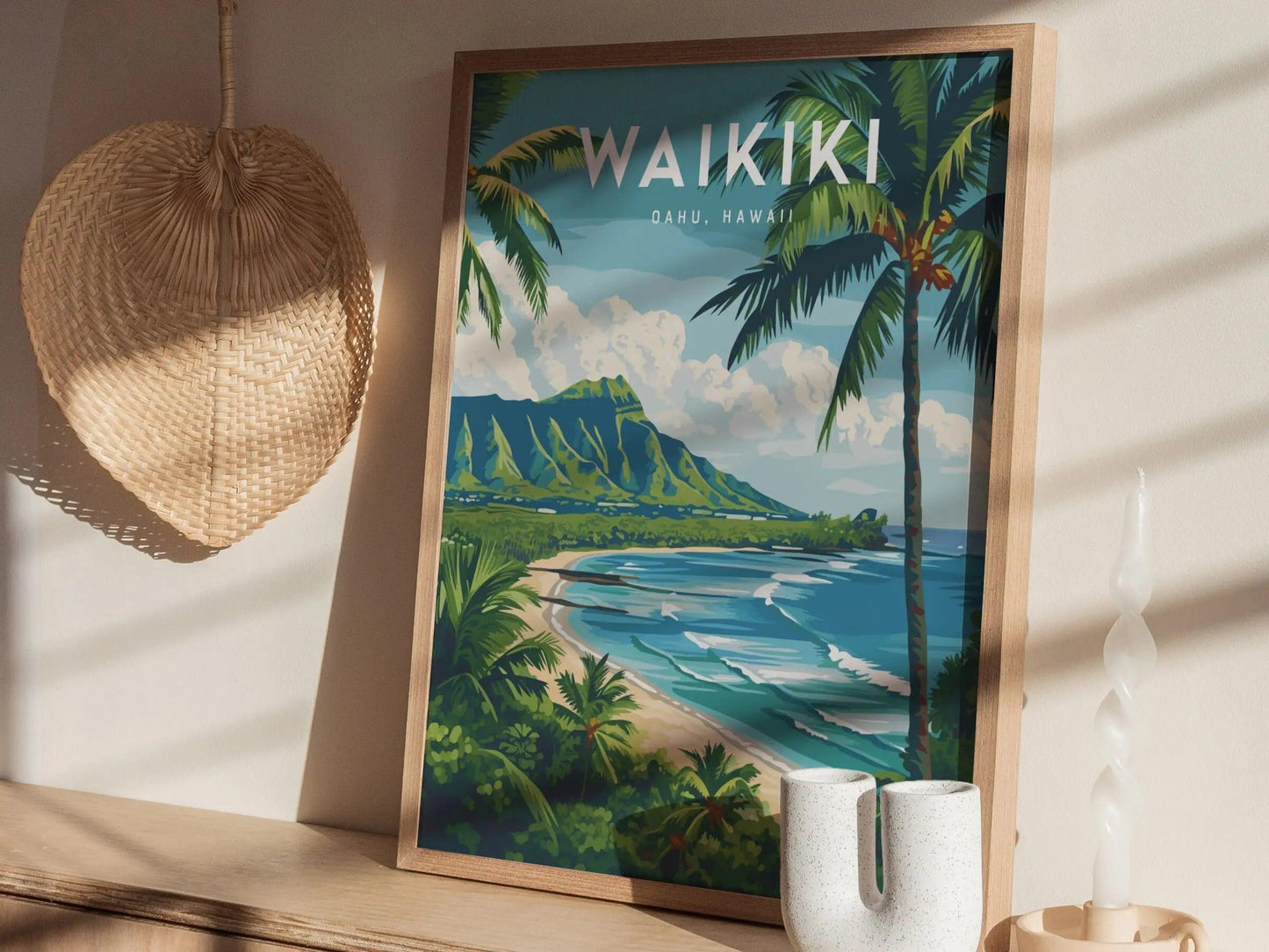 Framed poster of Waikiki, Hawaii with a scenic view of the ocean and mountains.