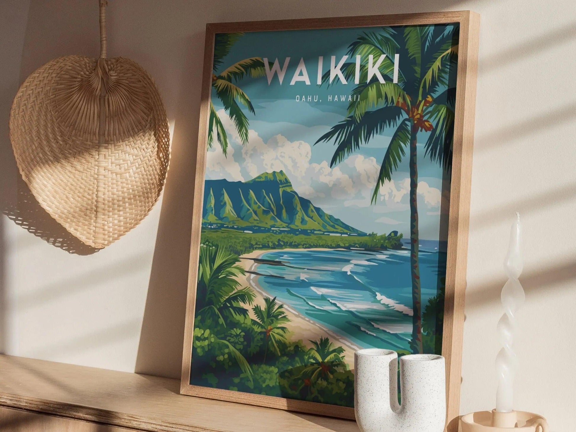 Framed poster of Waikiki, Hawaii with a scenic view of the ocean and mountains.