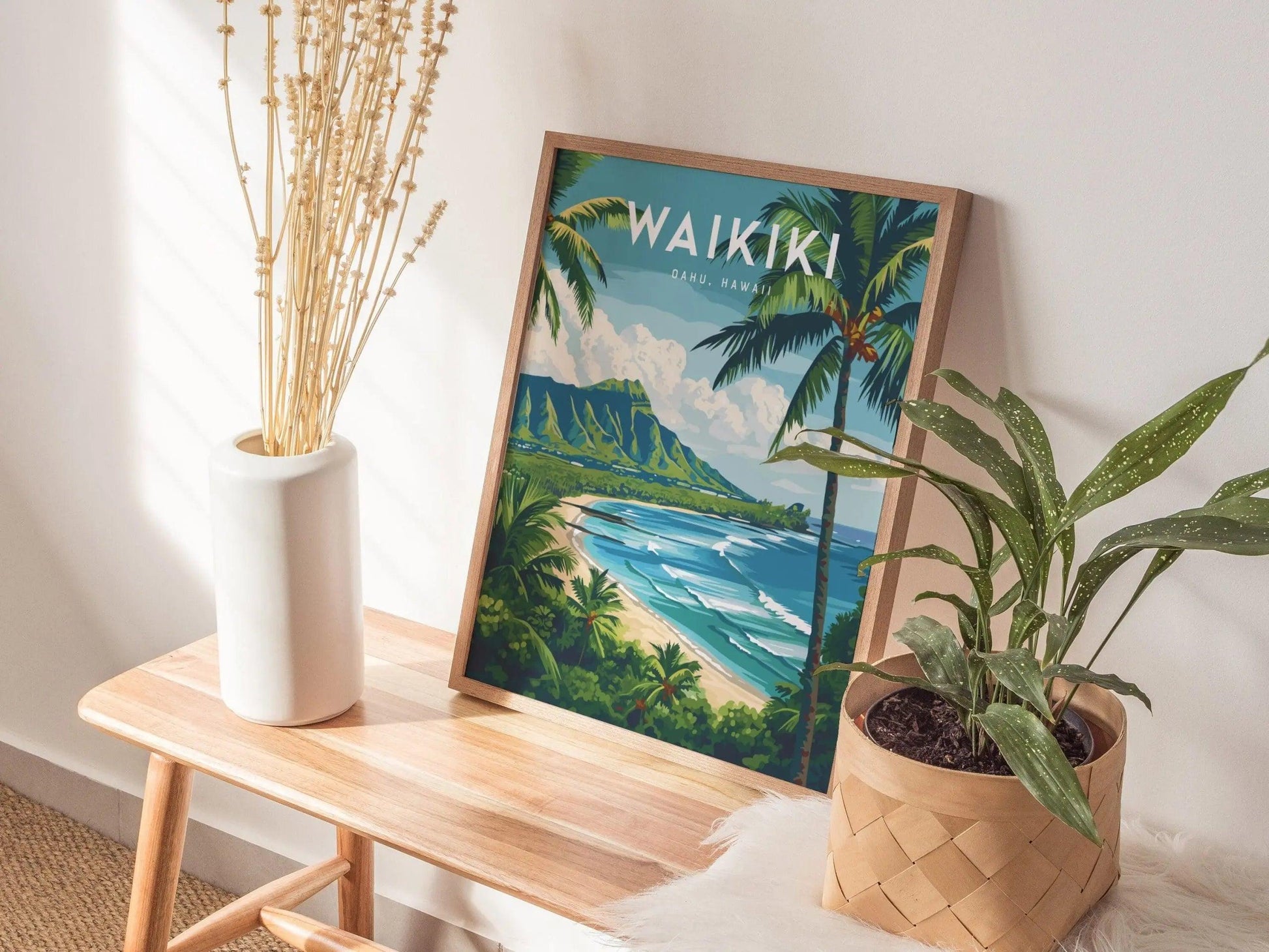 Waikiki Beach timeless paradise poster alternative angle highlighting Diamond Head crater and tropical Oahu surf heritage detail