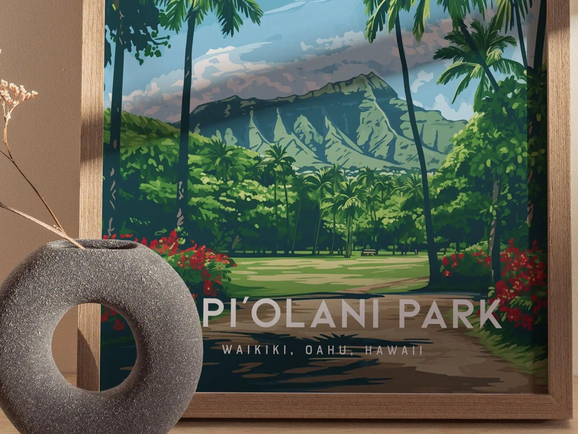 Kapiolani Park, Waikiki, Hawaii, Framed Art | Oahu Island Poster Design Travel Ocean Landmark Tropical Hawaiian Rental Home Decor Print Gift - Swell Scenes