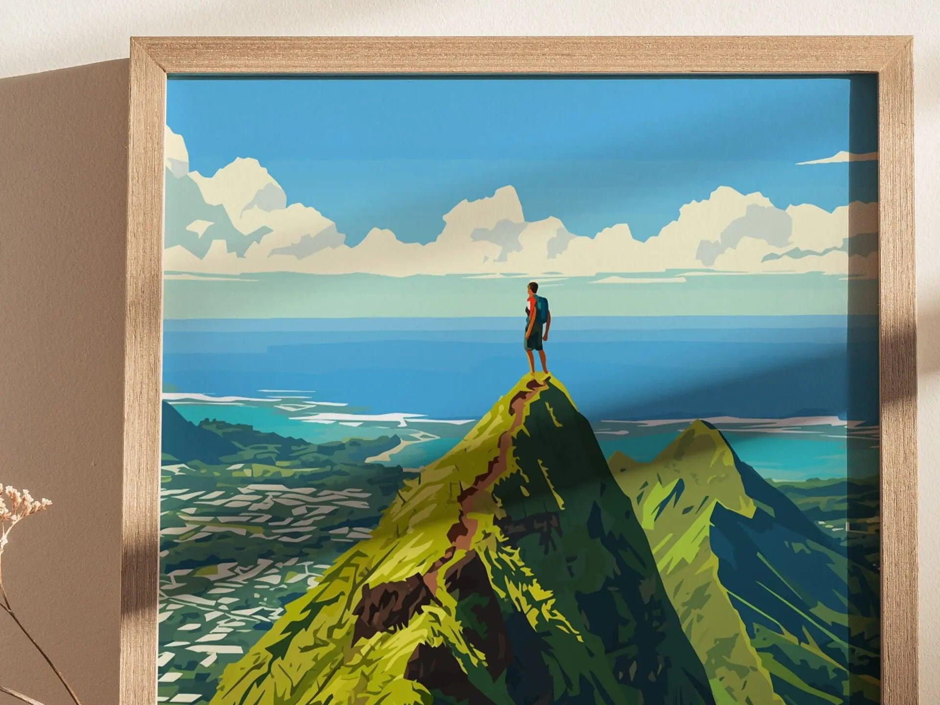 Mount Olomana Trail, Kailua, Hawaii, Framed Art | Oahu Island Poster Design Travel Hiking Tropical Hawaiian Rental Home Decor Print Gift Set - Swell Scenes