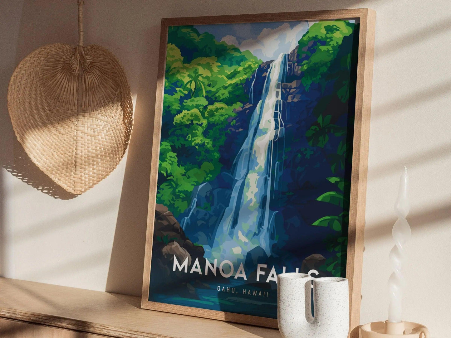 Manoa Falls, Oahu, Hawaii, Framed Art | Hawaiian Waterfall Hike Island Poster Design Travel Hiking Tropical Rental Home Decor Print Gift Set - Swell Scenes