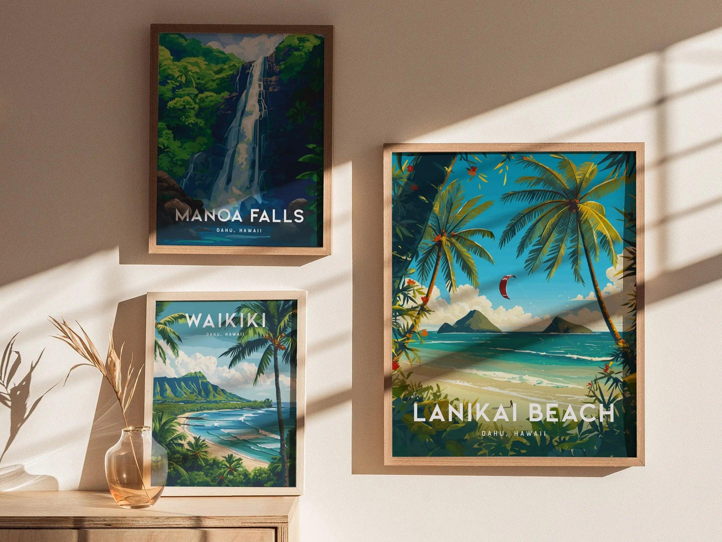 Lanikai Beach, Kailua, Oahu, Hawaii, Framed Art | Hawaiian Island Poster Design Travel Kite Surfer Tropical Rental Home Decor Print Gift Set - Swell Scenes