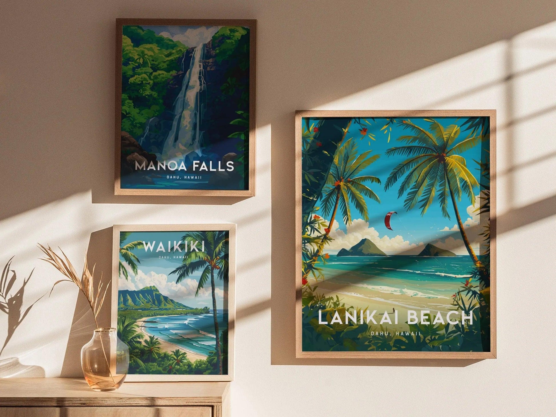 Lanikai Beach, Kailua, Oahu, Hawaii, Framed Art | Hawaiian Island Poster Design Travel Kite Surfer Tropical Rental Home Decor Print Gift Set - Swell Scenes