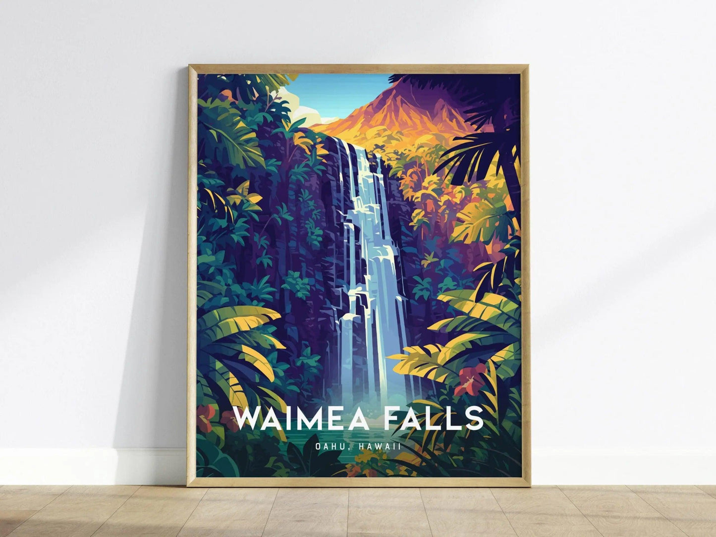 Waimea Valley Falls, Oahu, Hawaii, Framed Wall Art | North Shore Waterfall Hike Island Travel Poster Park Tropical Home Decor Print Gift Set - Swell Scenes