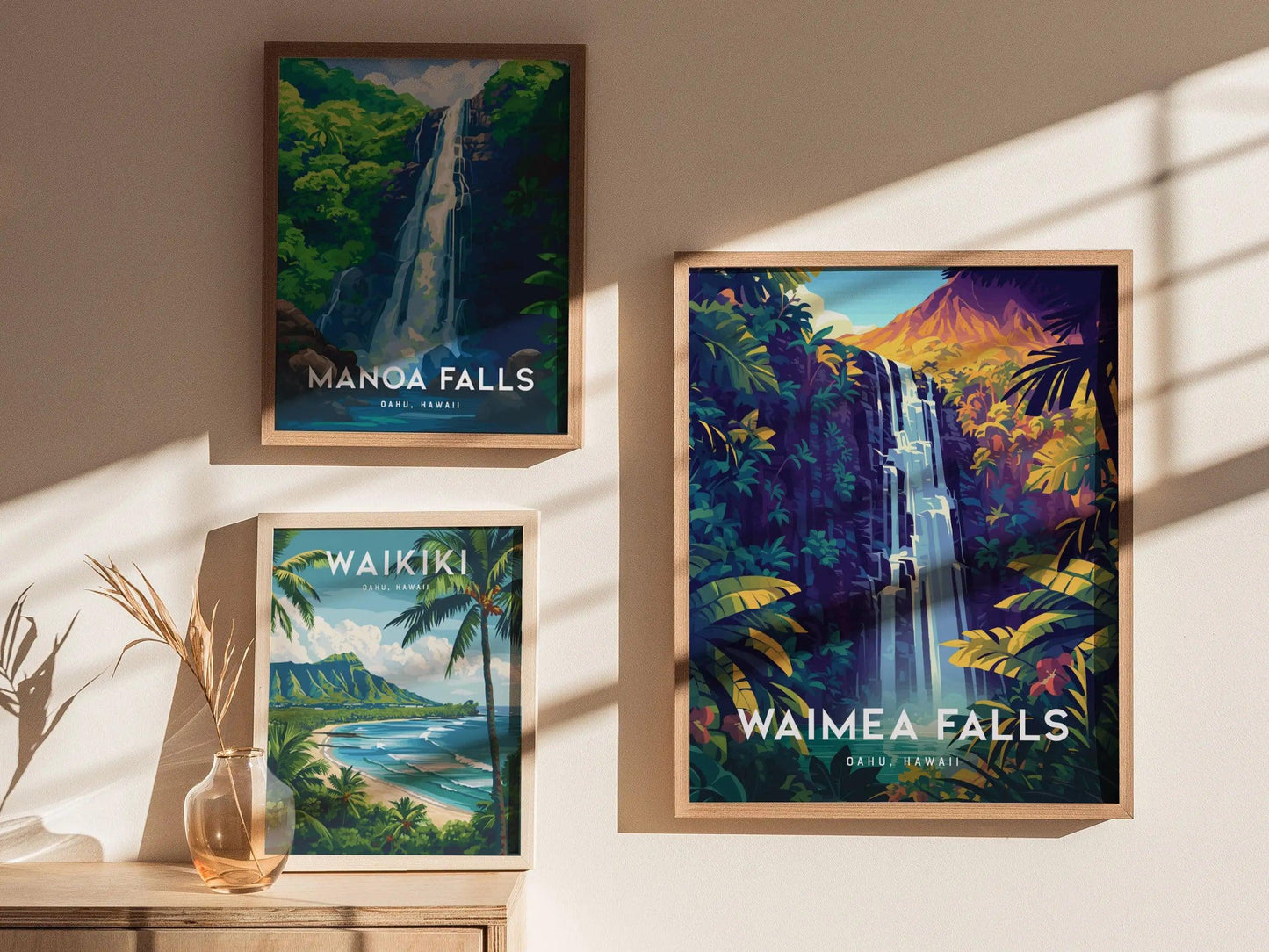 Waimea Valley Falls, Oahu, Hawaii, Framed Wall Art | North Shore Waterfall Hike Island Travel Poster Park Tropical Home Decor Print Gift Set - Swell Scenes