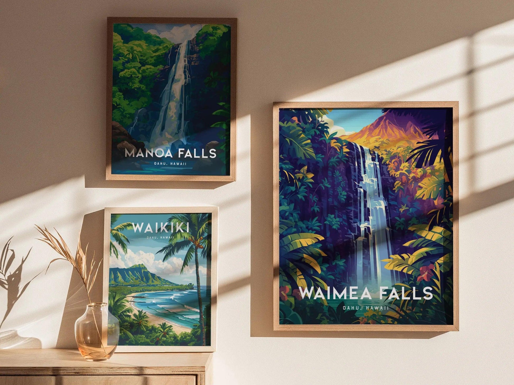 Waimea Valley Falls, Oahu, Hawaii, Framed Wall Art | North Shore Waterfall Hike Island Travel Poster Park Tropical Home Decor Print Gift Set - Swell Scenes