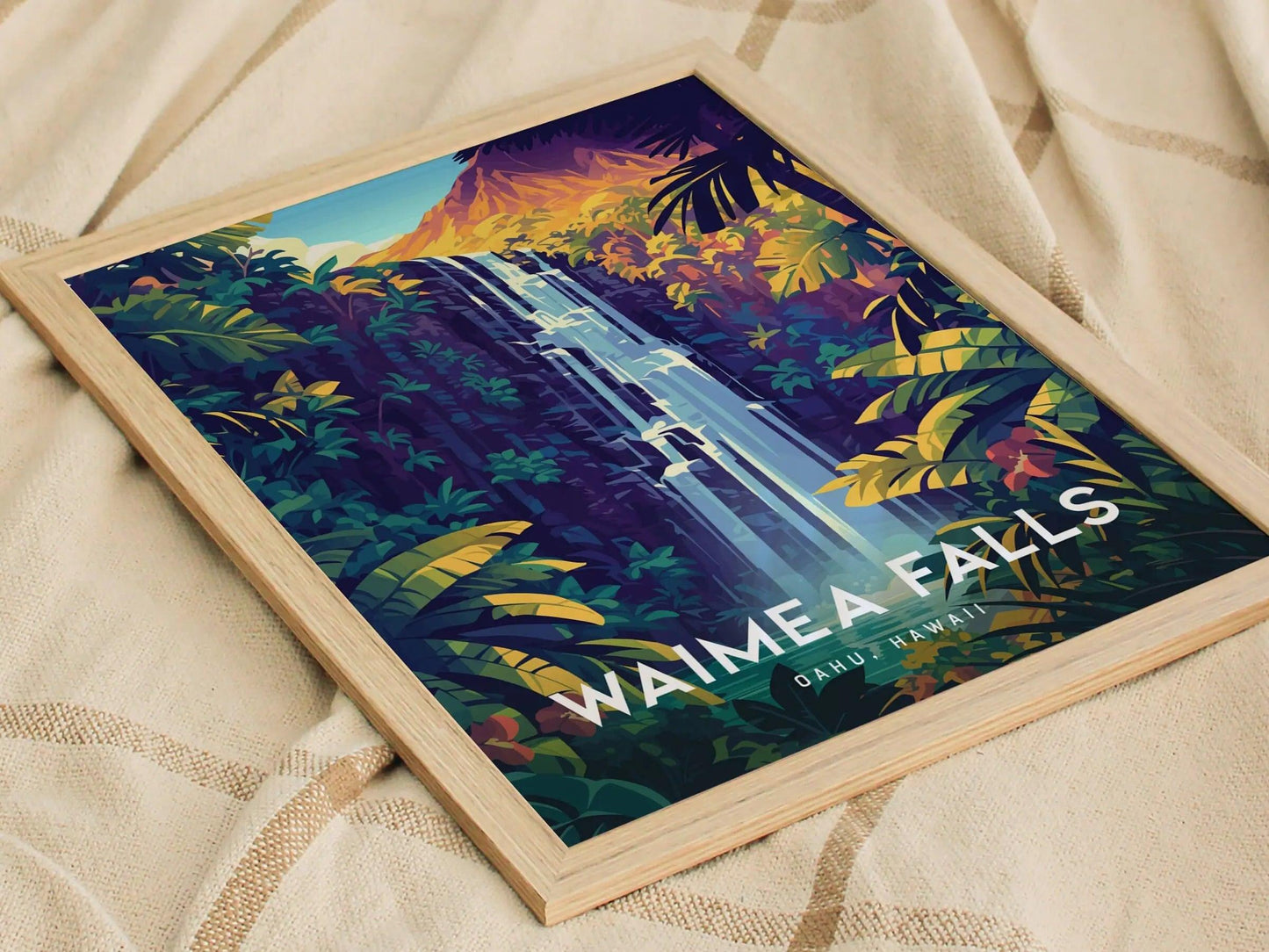 Waimea Valley Falls, Oahu, Hawaii, Framed Wall Art | North Shore Waterfall Hike Island Travel Poster Park Tropical Home Decor Print Gift Set - Swell Scenes